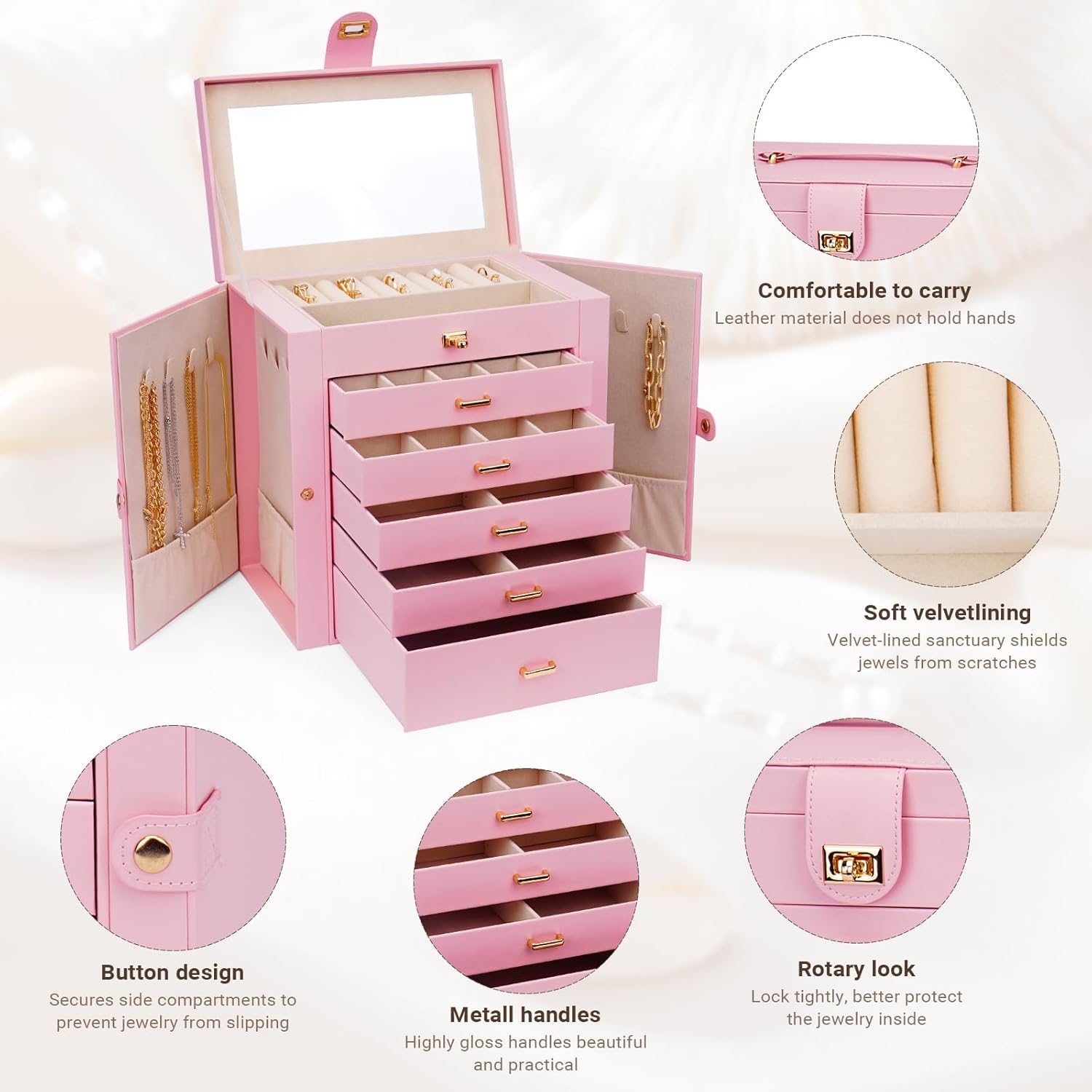 CARLA HOME 6-Layer Large Jewelry Box for Women withDrawers, Mirror, Lock, Necklace Hooks & Side Compartments for Rings, Earrings, Bracelets, Gifts (Pink) 5