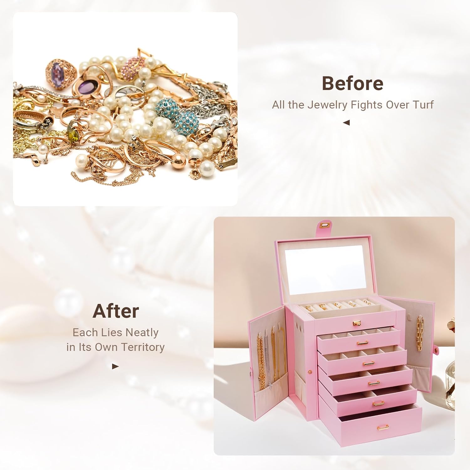 CARLA HOME 6-Layer Large Jewelry Box for Women withDrawers, Mirror, Lock, Necklace Hooks & Side Compartments for Rings, Earrings, Bracelets, Gifts (Pink) 6