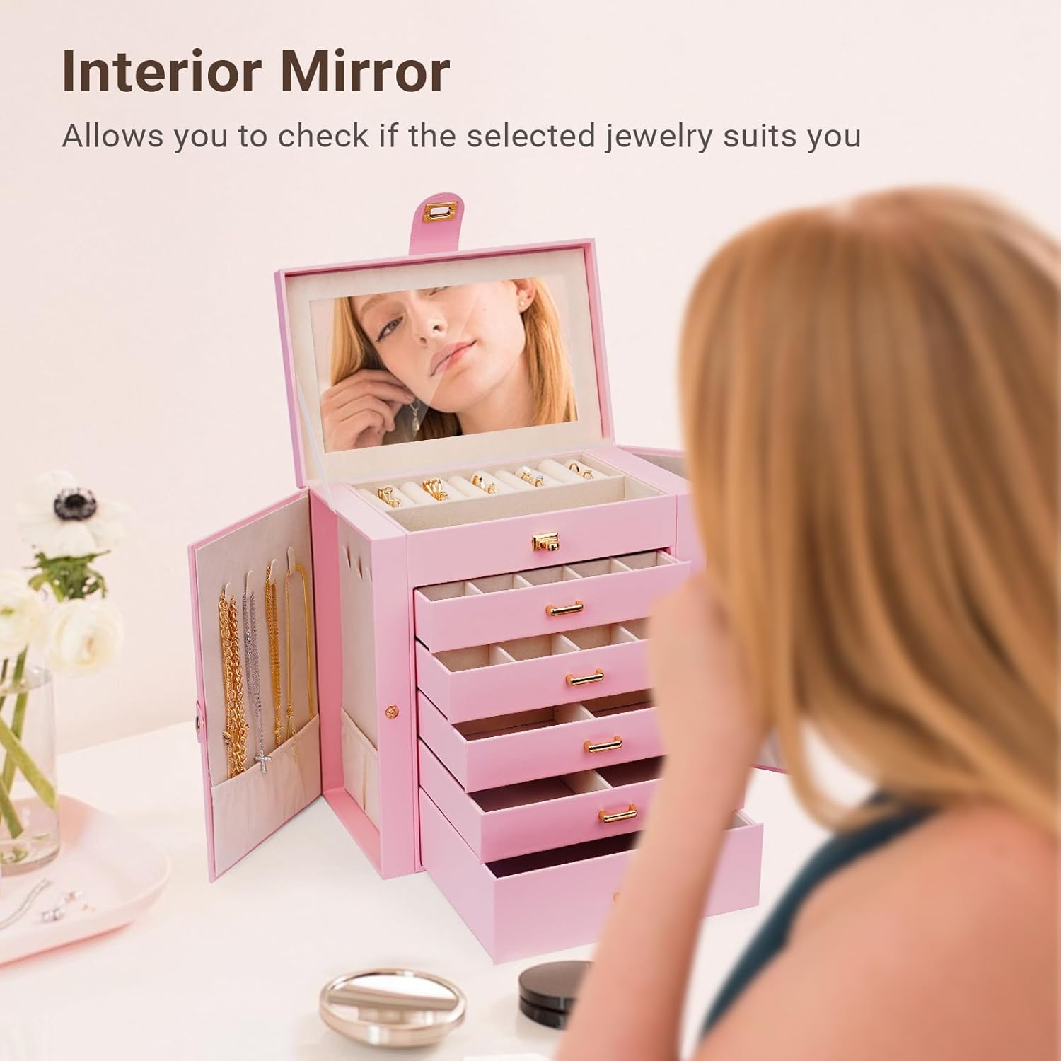 CARLA HOME 6-Layer Large Jewelry Box for Women withDrawers, Mirror, Lock, Necklace Hooks & Side Compartments for Rings, Earrings, Bracelets, Gifts (Pink) 7
