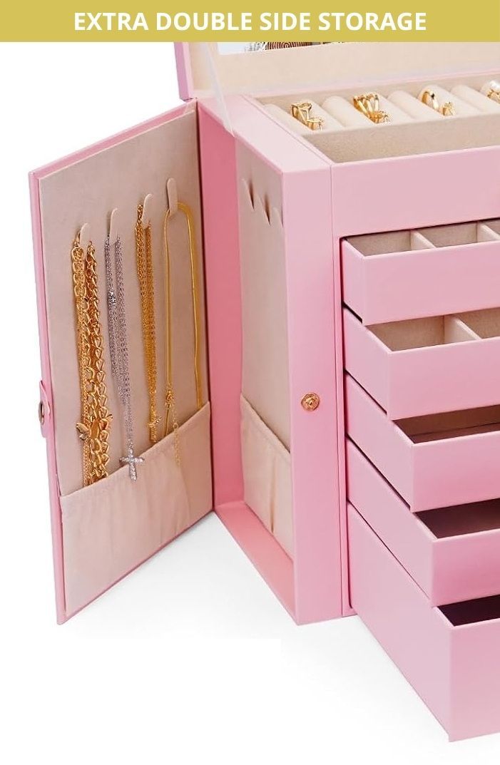 CARLA HOME 6-Layer Large Jewelry Box for Women withDrawers, Mirror, Lock, Necklace Hooks & Side Compartments for Rings, Earrings, Bracelets, Gifts (Pink) 8