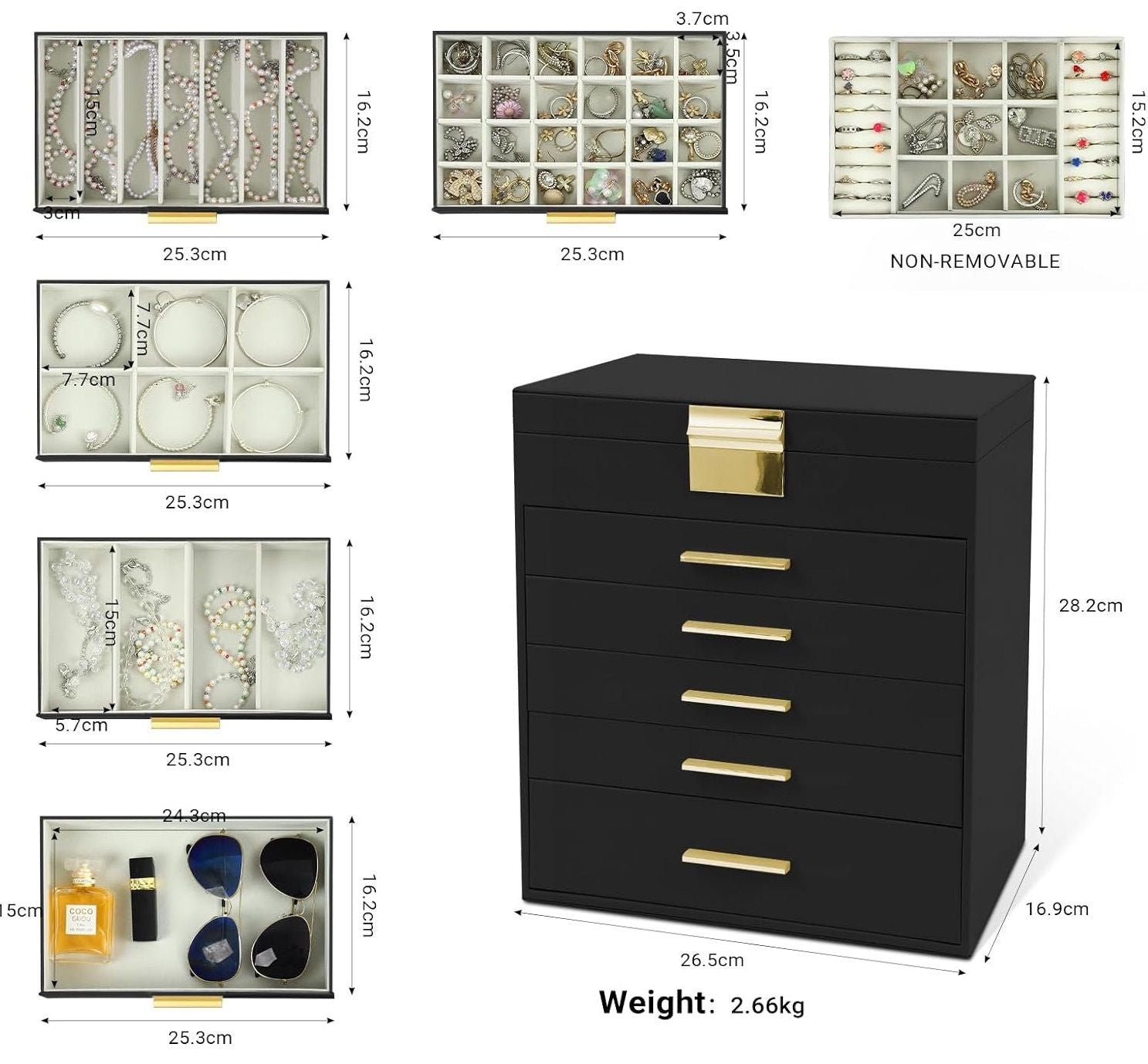 CARLA HOME  6-Layer Large Jewelry Organizer Box for Women with Mirror, Drawers, Hooks & Dividers for Rings, Necklaces, Bracelets, Ideal Gift for Women (Black) 3