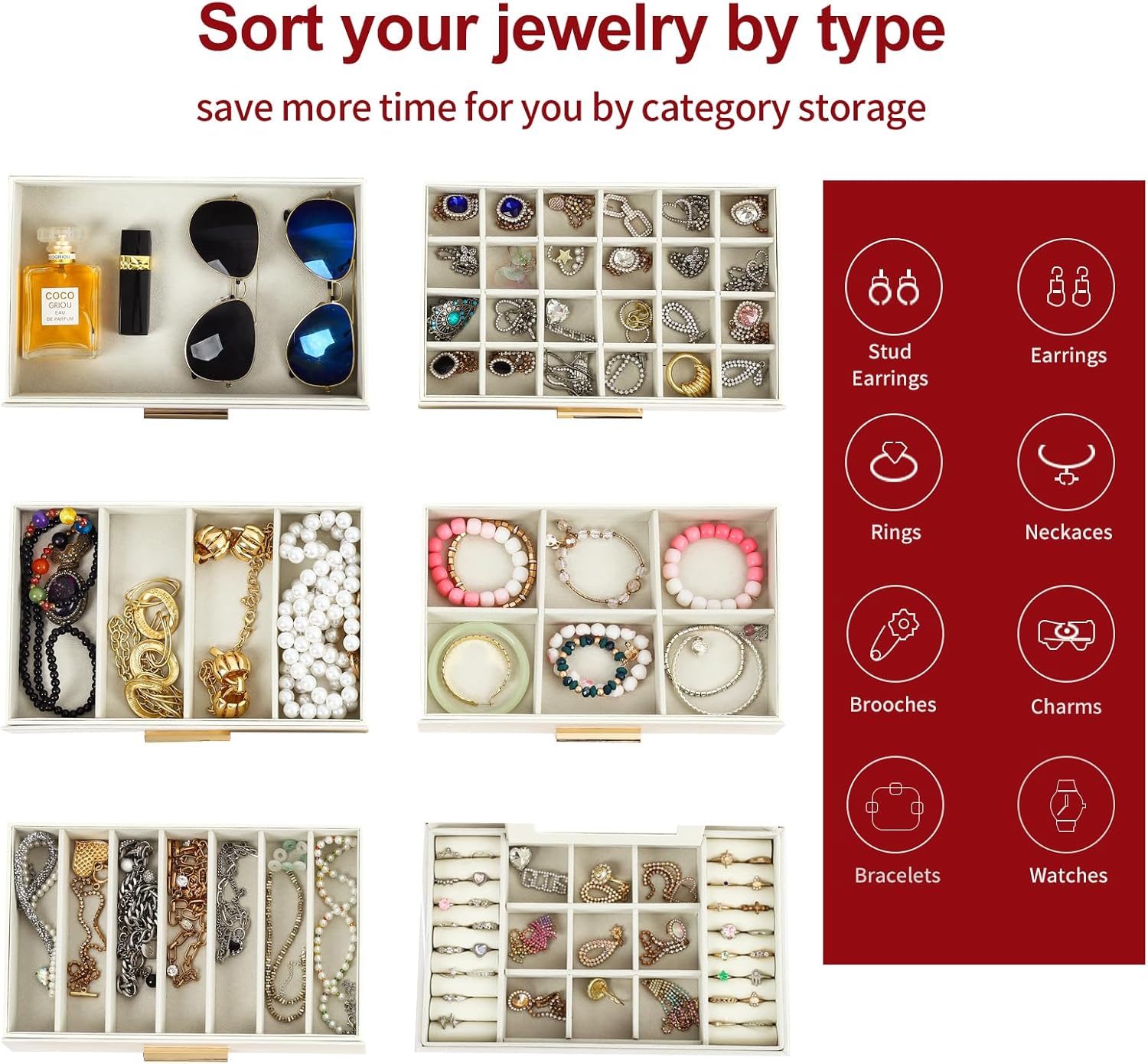 CARLA HOME  6-Layer Large Jewelry Organizer Box for Women with Mirror, Drawers, Hooks & Dividers for Rings, Necklaces, Bracelets, Ideal Gift for Women (White) 5