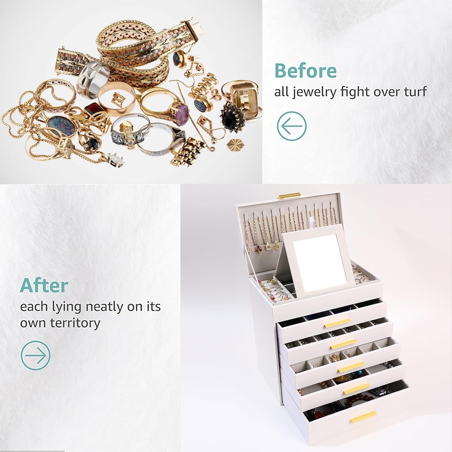 CARLA HOME  6-Layer Large Jewelry Organizer Box for Women with Mirror, Drawers, Hooks & Dividers for Rings, Necklaces, Bracelets, Ideal Gift for Women (White) 7