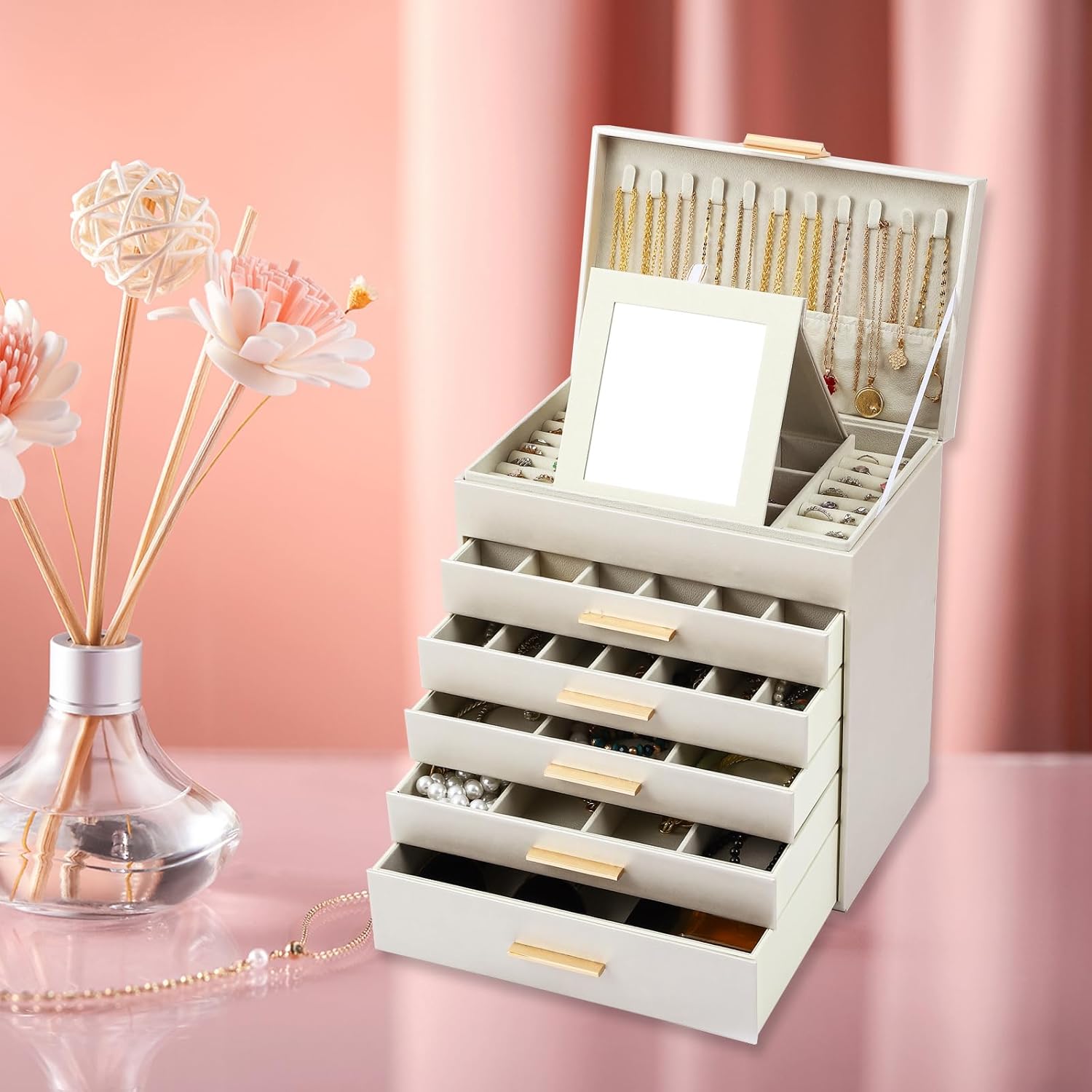CARLA HOME  6-Layer Large Jewelry Organizer Box for Women with Mirror, Drawers, Hooks & Dividers for Rings, Necklaces, Bracelets, Ideal Gift for Women (White) 8