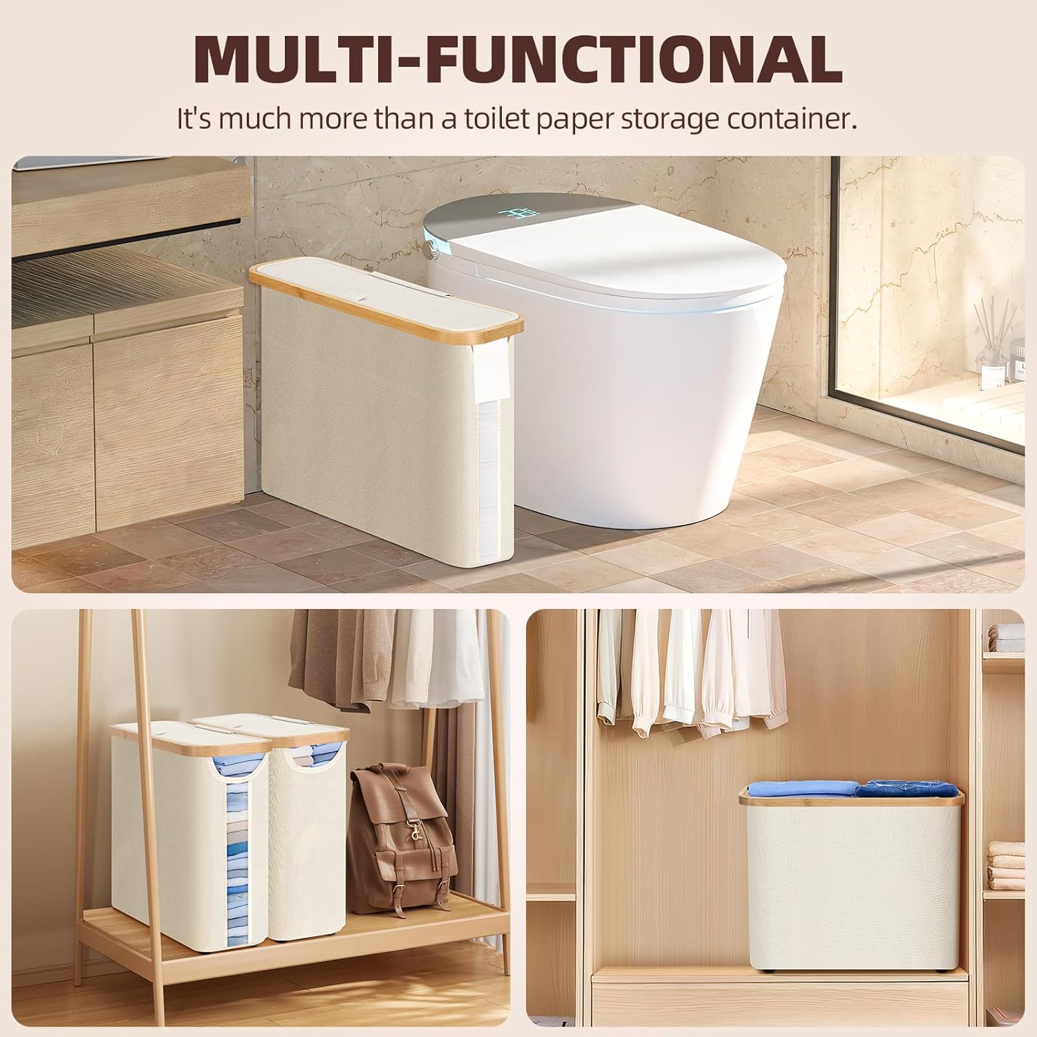 CARLA HOME 2 Pack Toilet Paper Storage Basket Holds Up to 12 Rolls with Bamboo Lid and Handle for RV Closet (White) 8