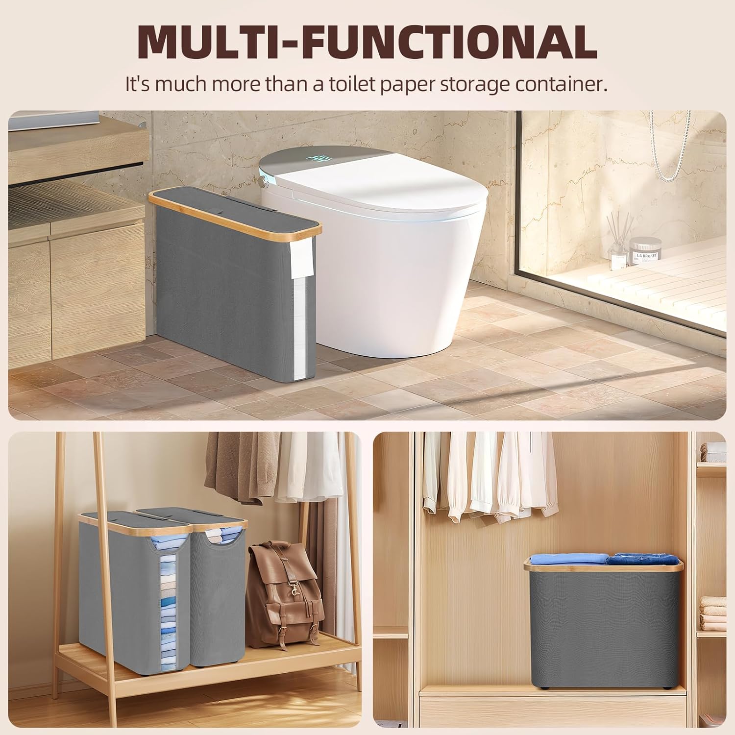 CARLA HOME 2 pack Toilet Paper Storage Basket Holds Up to 12 Rolls with Bamboo Lid and Handle for RV Closet (Grey) 8