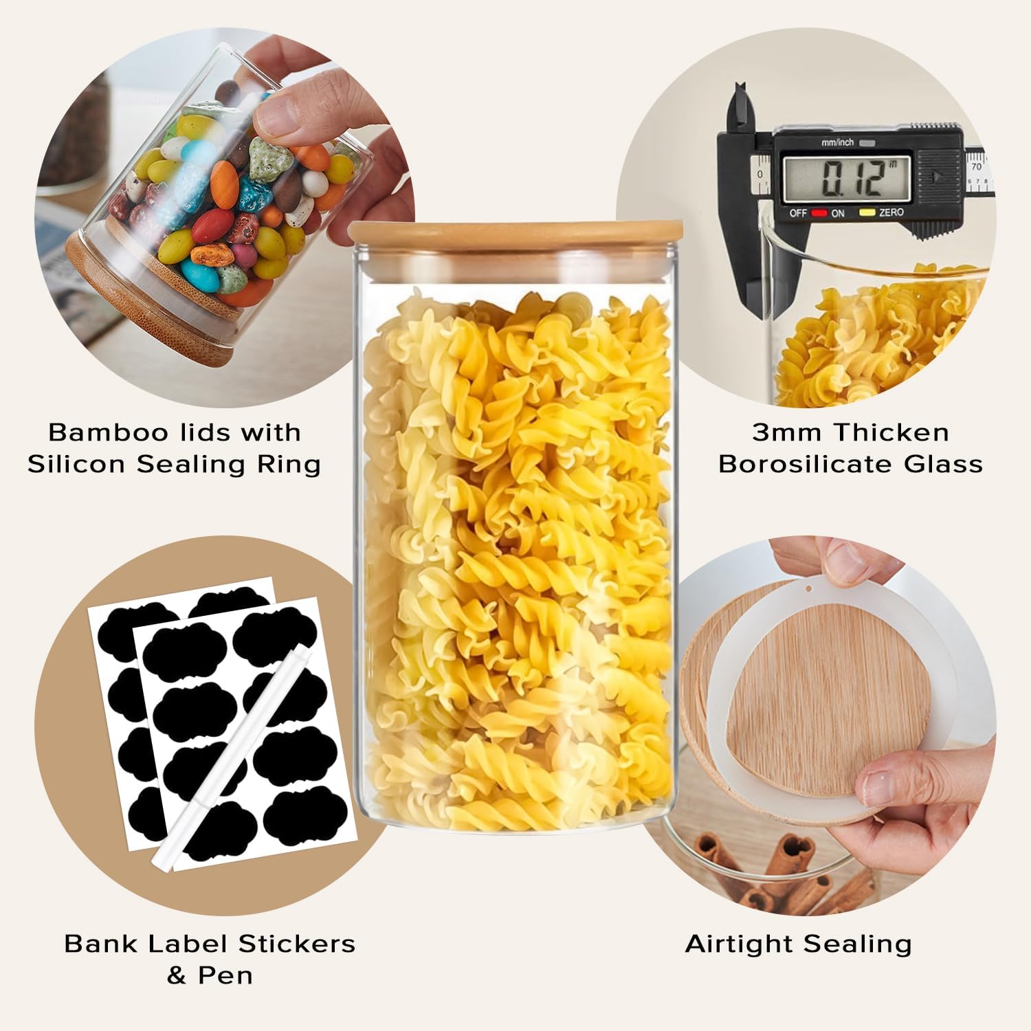 CARLA HOME 12 Pack Glass Storage Jars with Bamboo Lids for Kitchen Pantry, Pasta, Snacks, Cookies, Candy & More 3