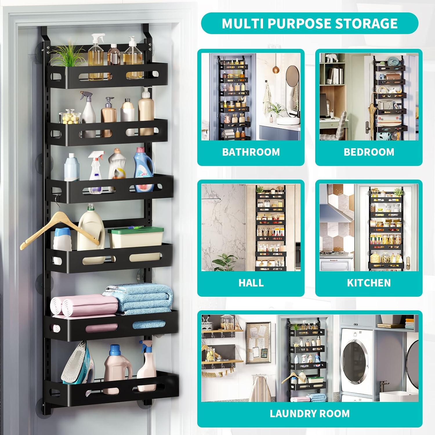 CARLA HOME 6 Tier Over the Door Organizer with Adjustable Metal Pantry Storage Rack and Hanging Baskets for Kitchen and Bathroom 7