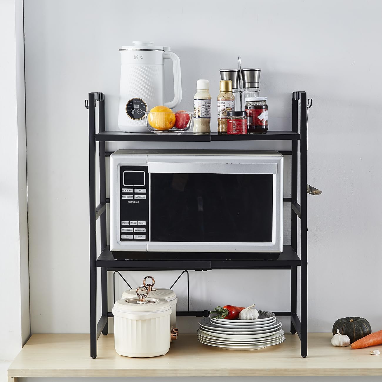 CARLA HOME 3-Tier Microwave Oven Rack with Adjustable Metal Kitchen Shelf Stand for Countertop Storage and 6 Hooks for Utensils