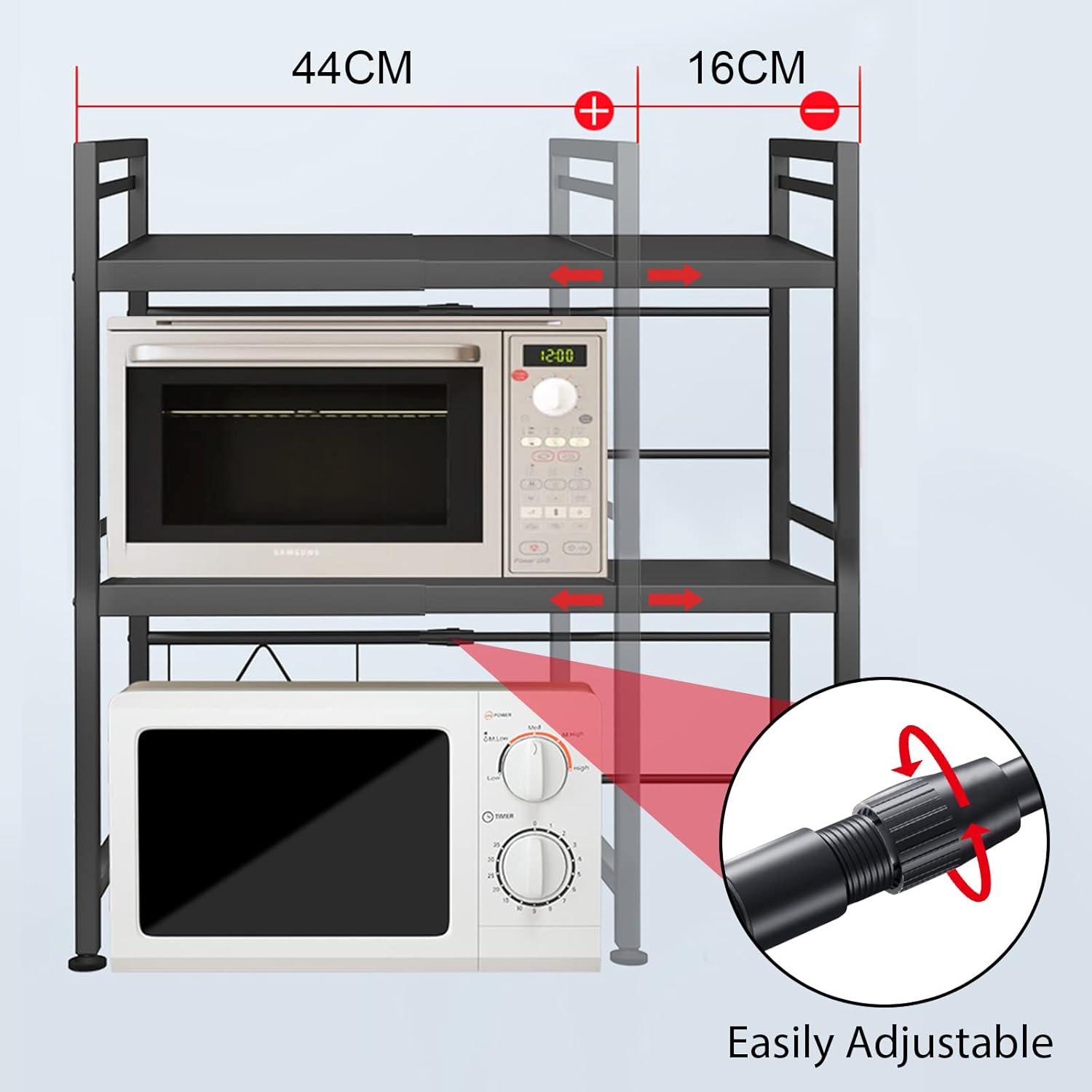 CARLA HOME 3-Tier Microwave Oven Rack with Adjustable Metal Kitchen Shelf Stand for Countertop Storage and 6 Hooks for Utensils 3
