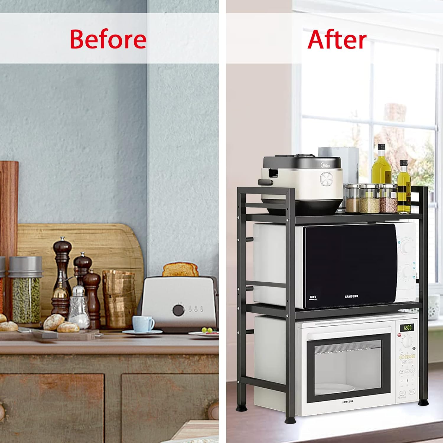 CARLA HOME 3-Tier Microwave Oven Rack with Adjustable Metal Kitchen Shelf Stand for Countertop Storage and 6 Hooks for Utensils 5