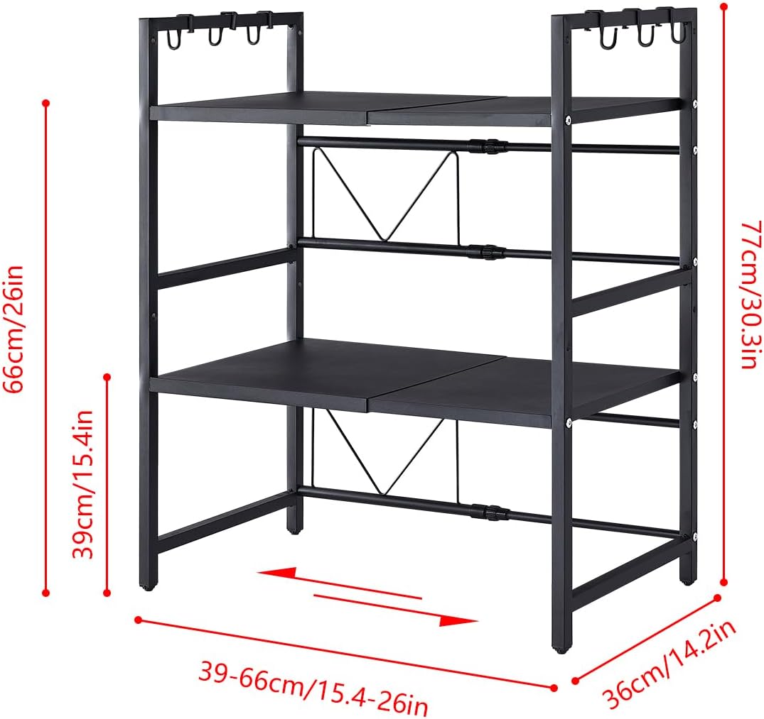 CARLA HOME 3-Tier Microwave Oven Rack with Adjustable Metal Kitchen Shelf Stand for Countertop Storage and 6 Hooks for Utensils 7