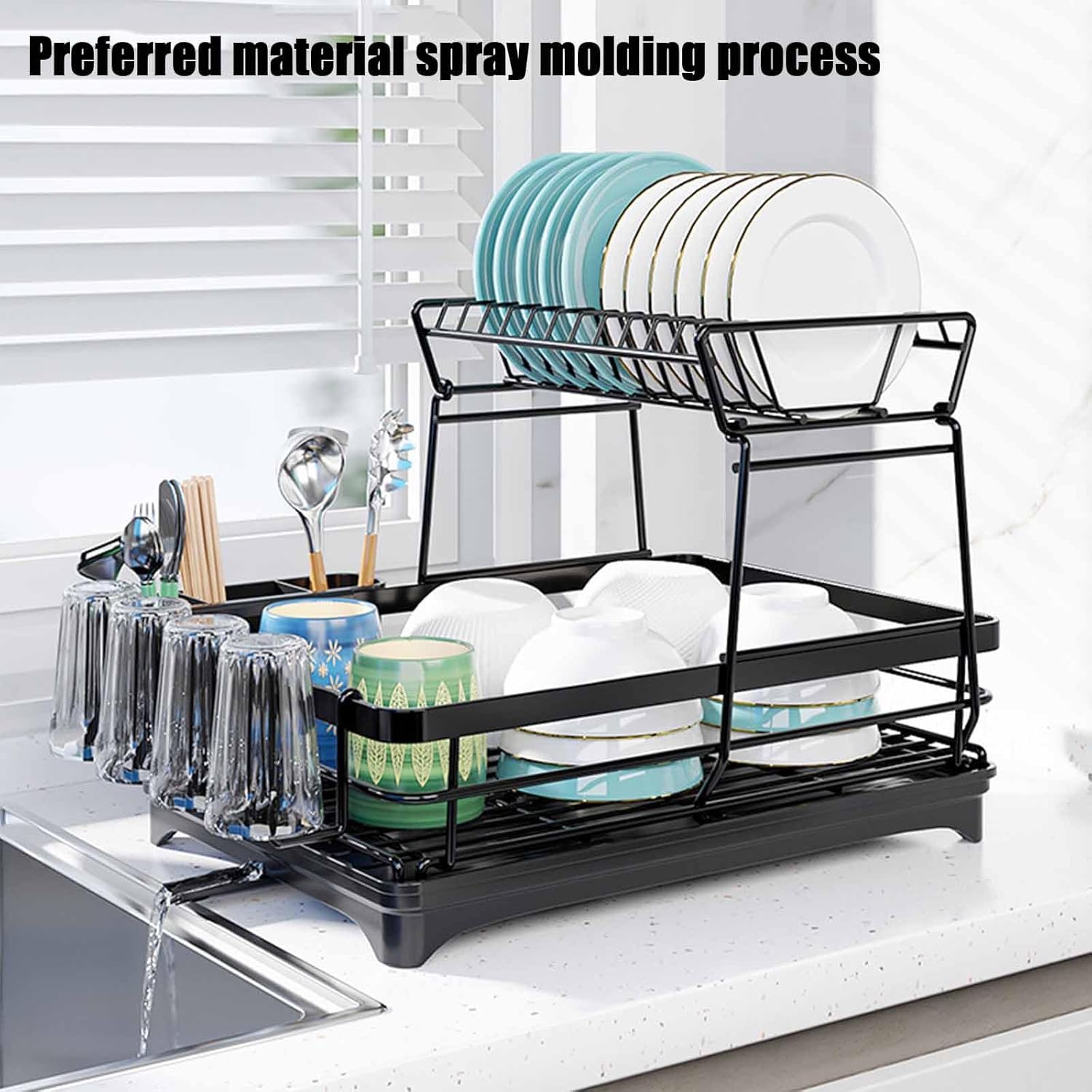 CARLA HOME 2-Tier Dish Drying Rack for Kitchen Counter with Drainboard, Utensil Holder, Cup Rack & Cutlery Organizer 3
