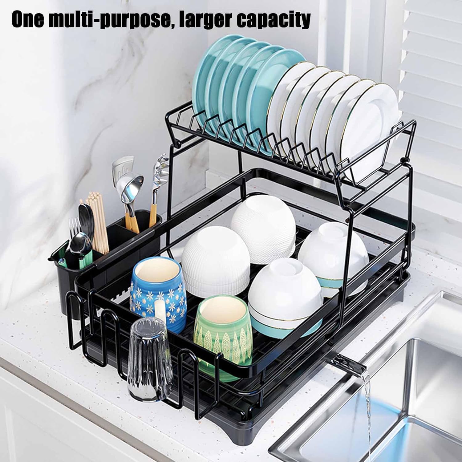 CARLA HOME 2-Tier Dish Drying Rack for Kitchen Counter with Drainboard, Utensil Holder, Cup Rack & Cutlery Organizer 4