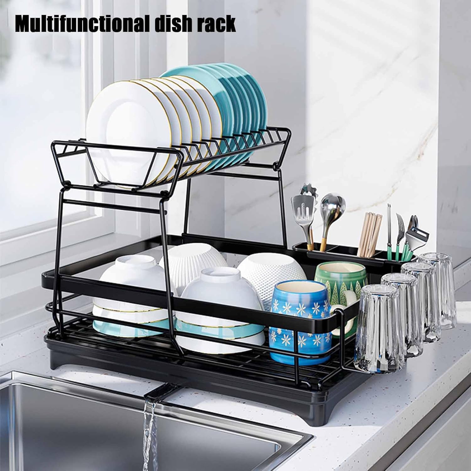 CARLA HOME 2-Tier Dish Drying Rack for Kitchen Counter with Drainboard, Utensil Holder, Cup Rack & Cutlery Organizer 5