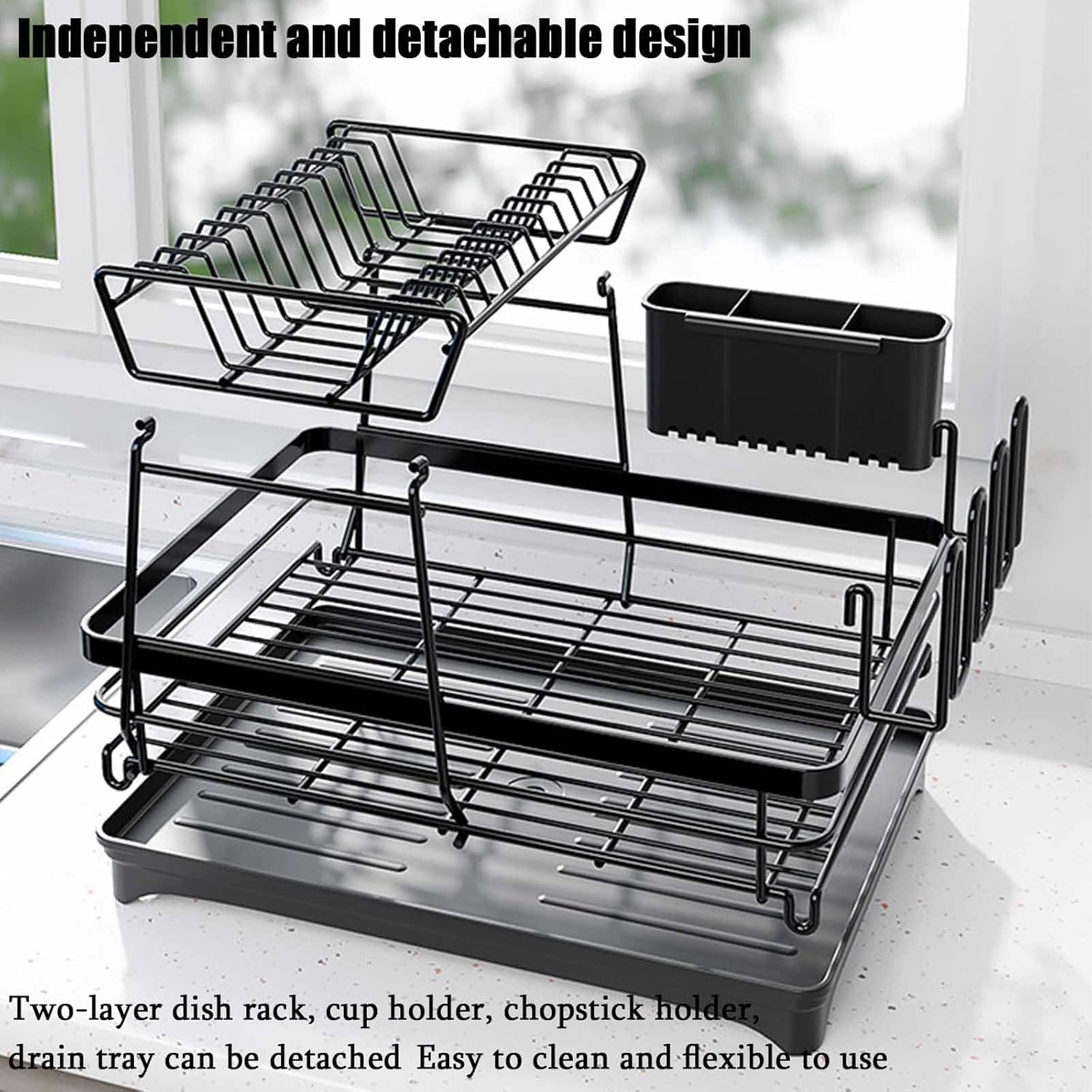 CARLA HOME 2-Tier Dish Drying Rack for Kitchen Counter with Drainboard, Utensil Holder, Cup Rack & Cutlery Organizer 6