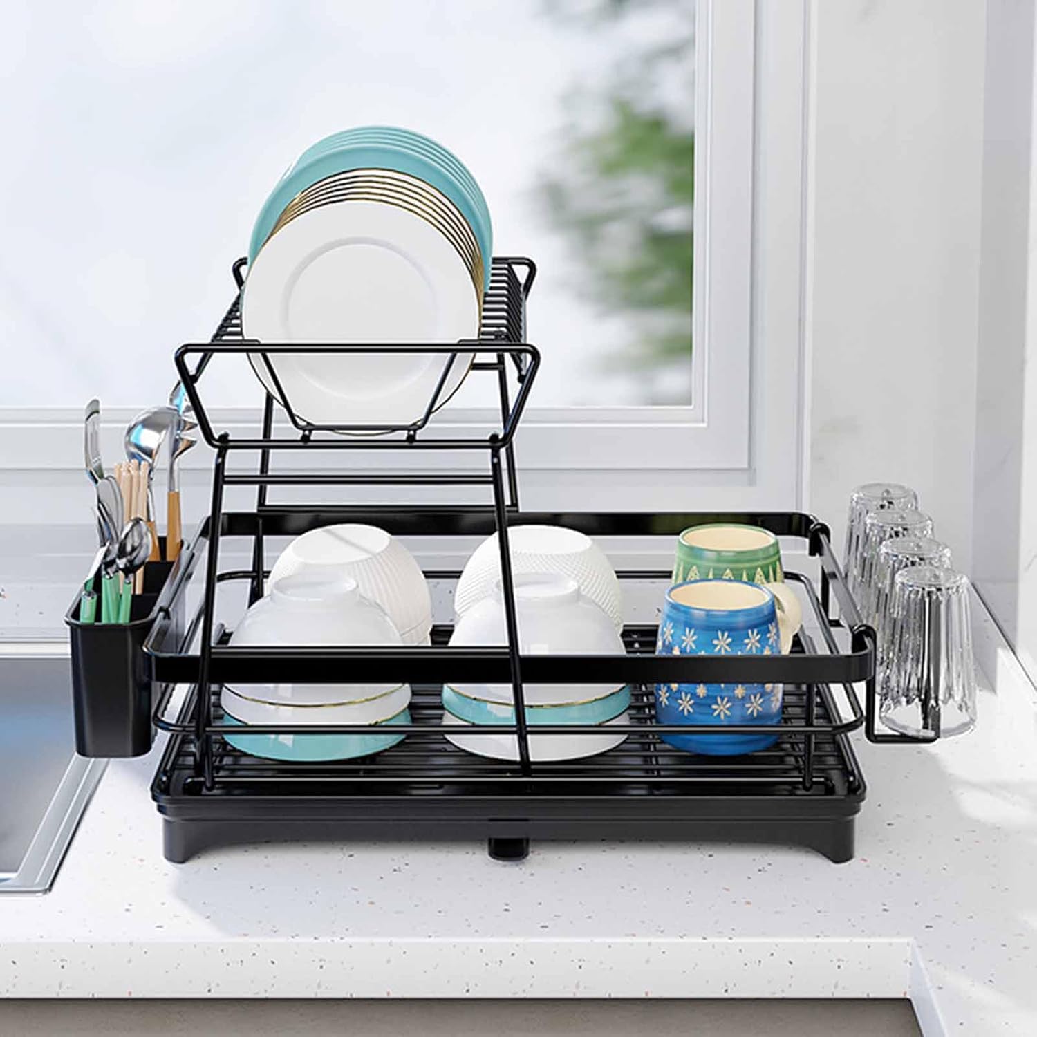 CARLA HOME 2-Tier Dish Drying Rack for Kitchen Counter with Drainboard, Utensil Holder, Cup Rack & Cutlery Organizer 7