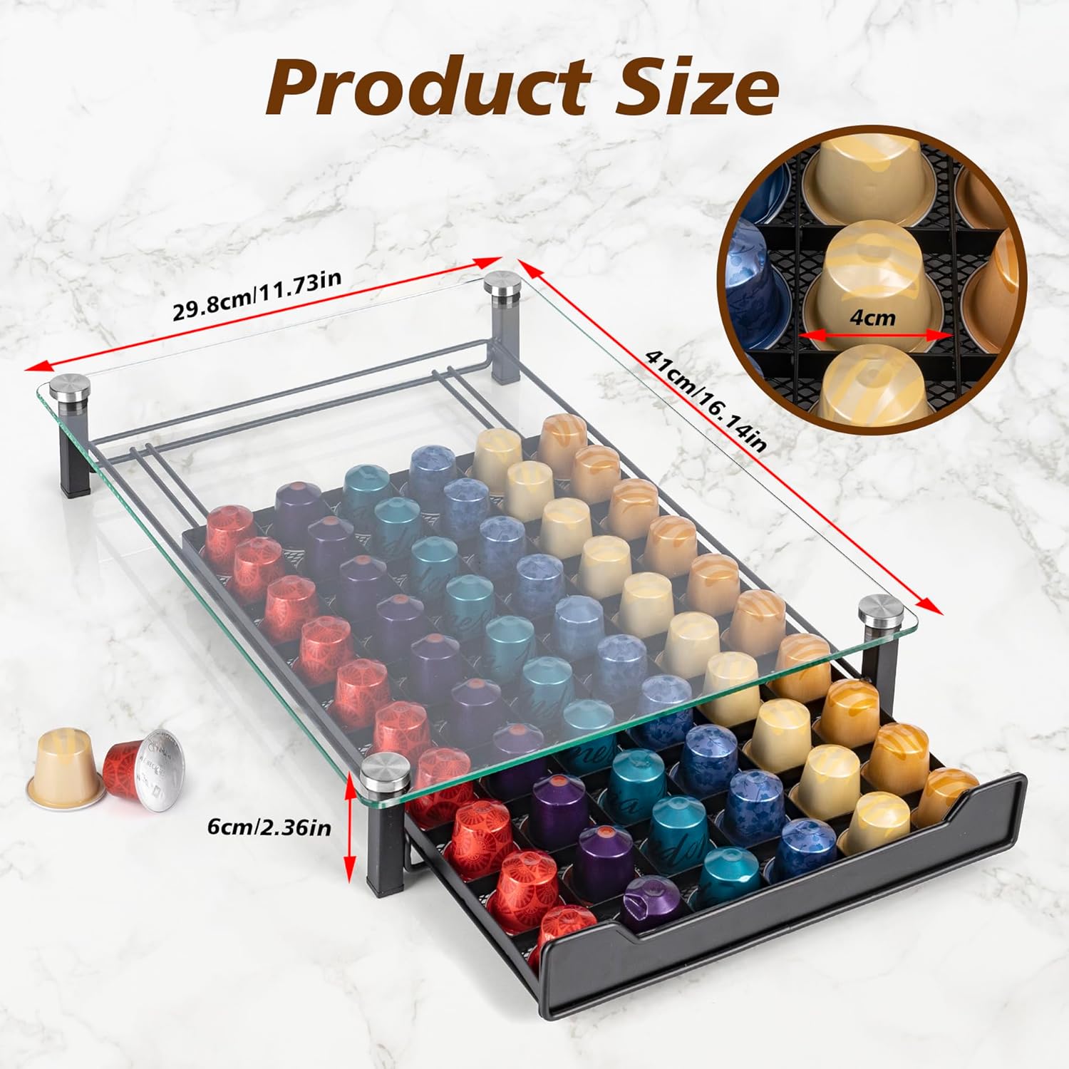 CARLA HOME 60 Coffee Pod Holder Drawer with Tempered Glass Capsule Organizer for Nespresso Pods and Sliding Drawer for Kitchen Countertop 5