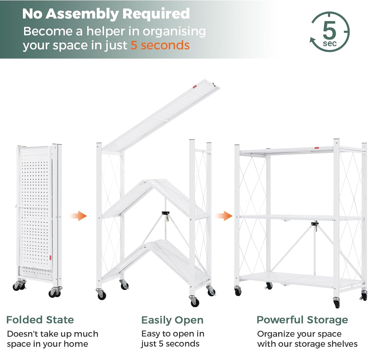 CARLA HOME 3-Tier Foldable Storage Shelf with Wheels for Kitchen, Garage, Pantry or Basement (White) 4