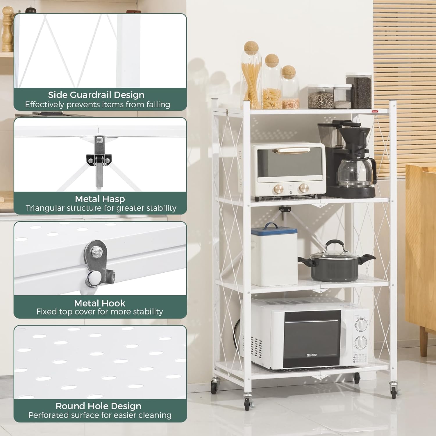 CARLA HOME 3-Tier Foldable Storage Shelf with Wheels for Kitchen, Garage, Pantry or Basement (White) 5