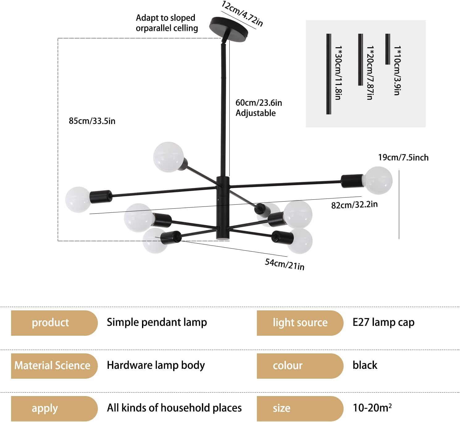Modern Sputnik Chandelier, 8 Light, Black 4