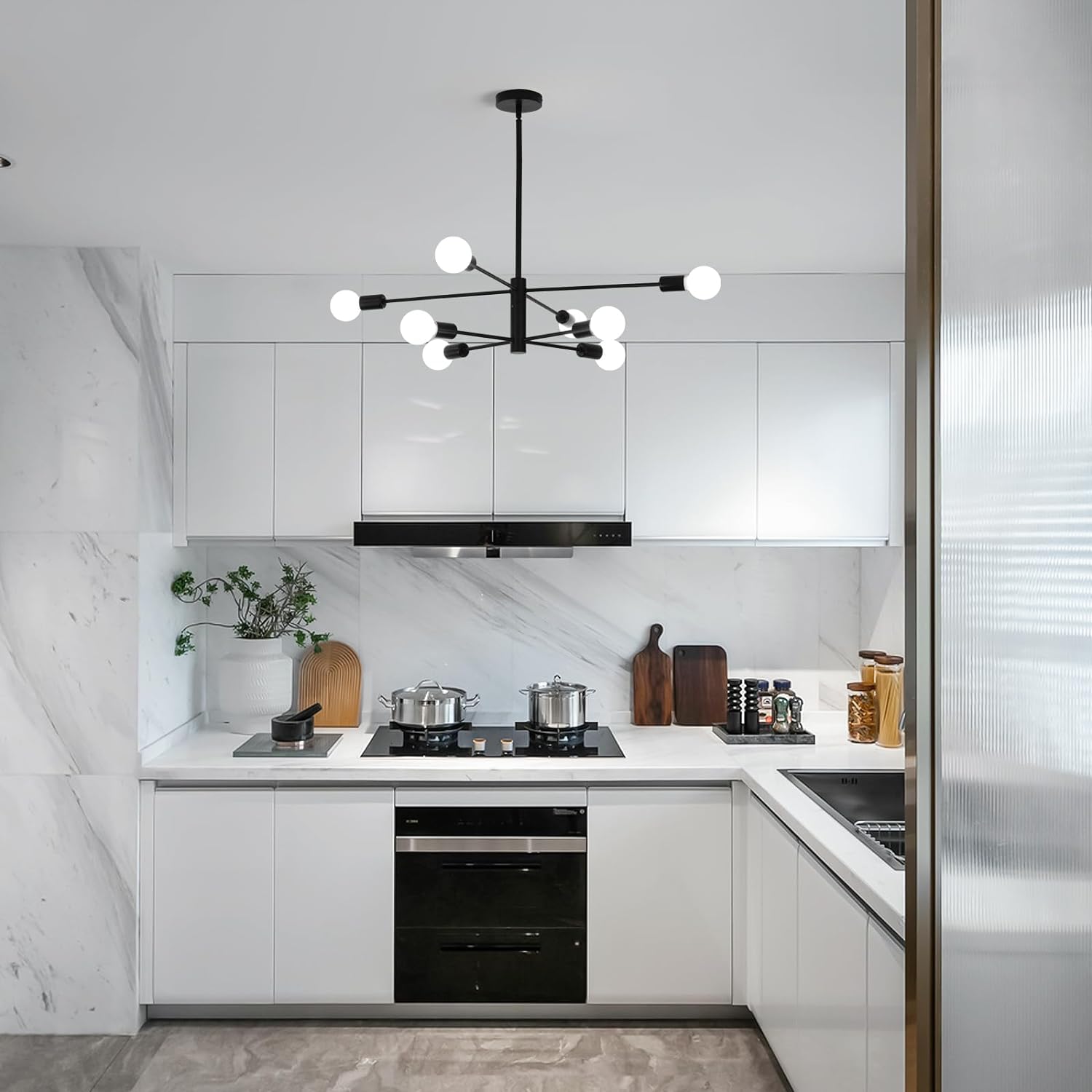 Modern Sputnik Chandelier, 8 Light, Black 7