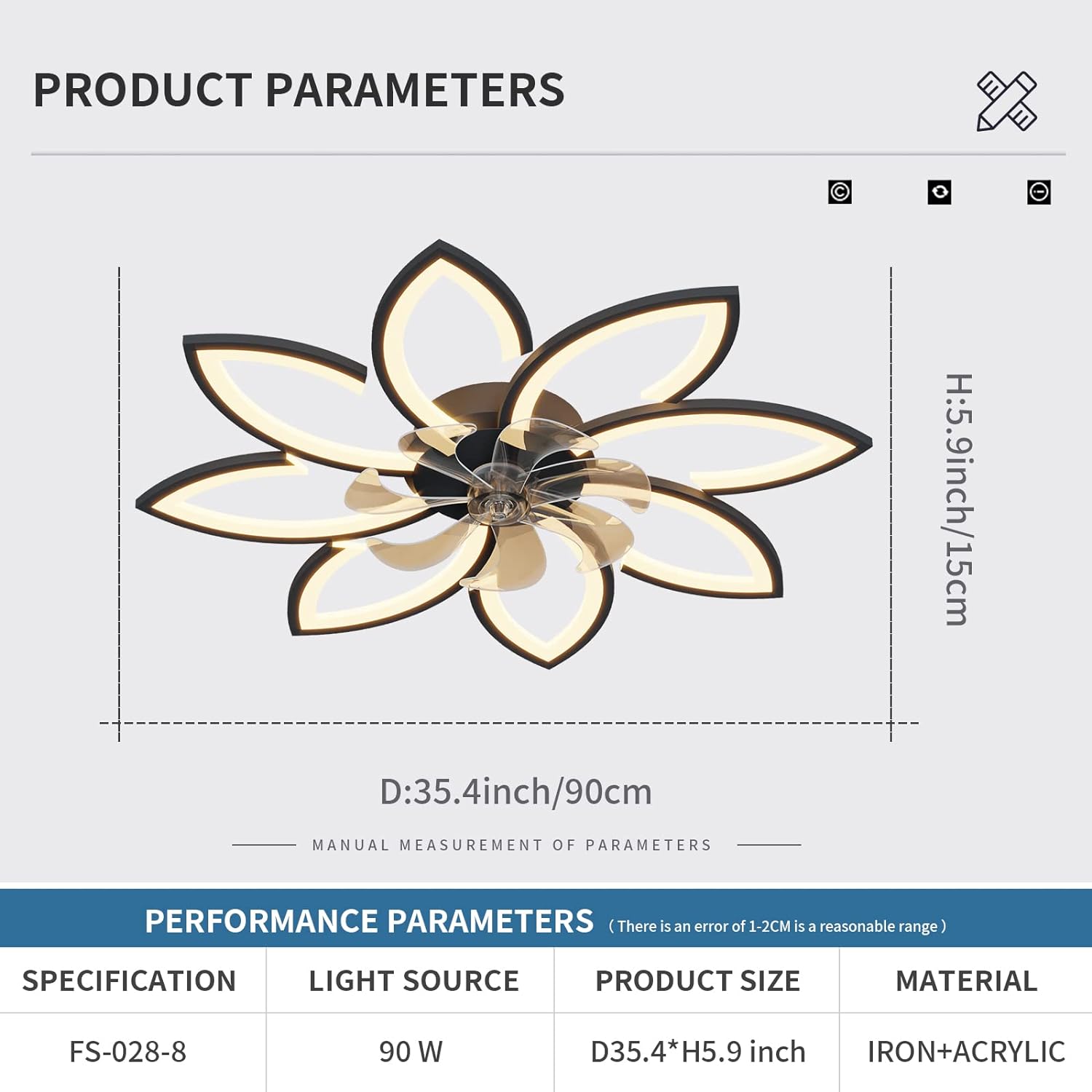 Modern Ceiling Light Fan, Low Profile, 6 Wind Speed, 3 Color (90cm, Black) 3