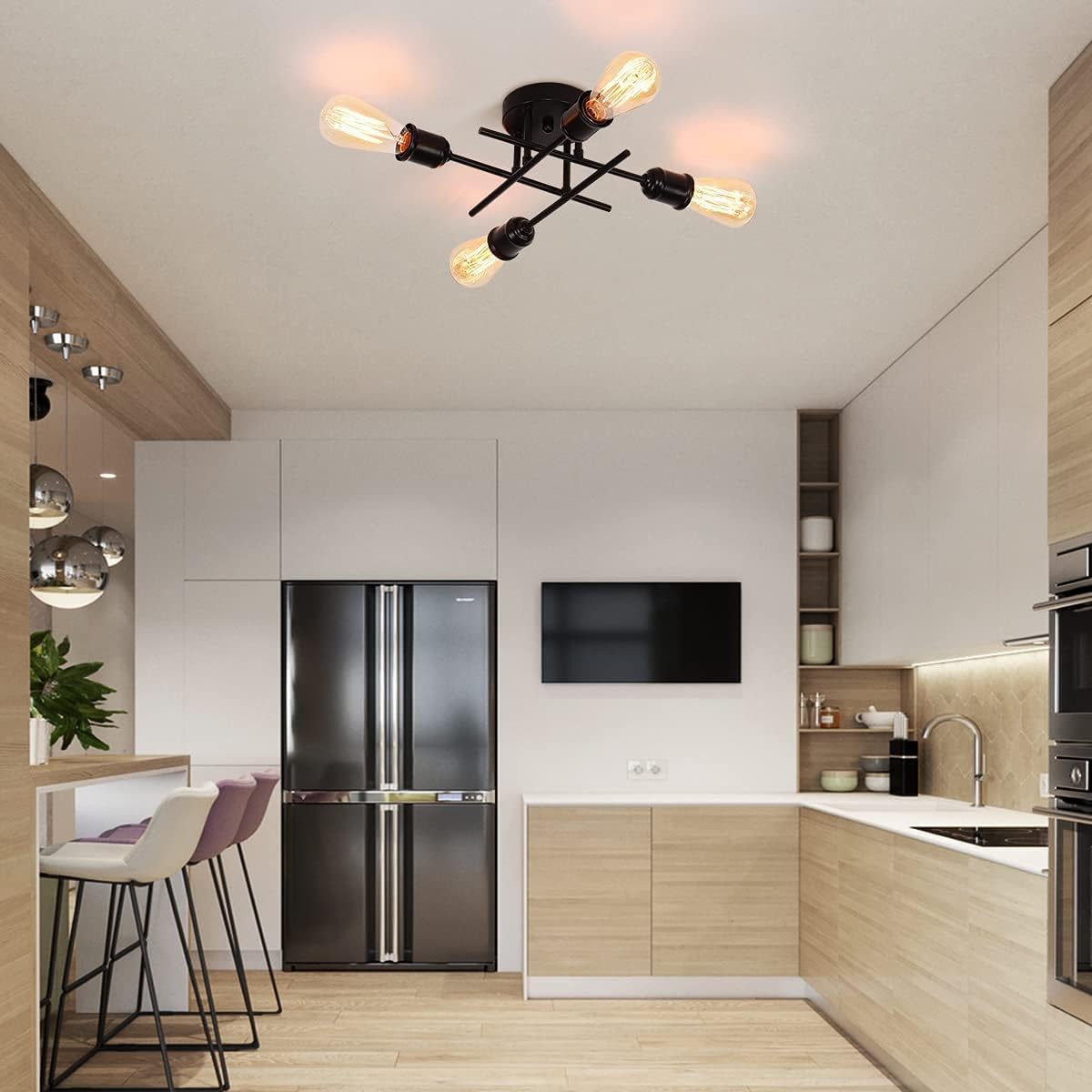 Industrial Semi Flush Mount Chandelier, Black 4