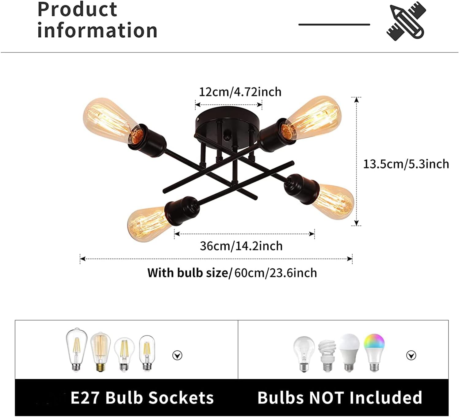 Industrial Semi Flush Mount Chandelier, Black 5