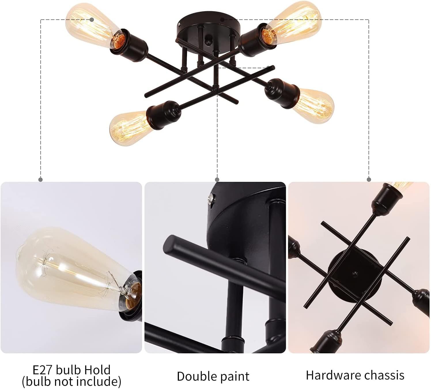 Industrial Semi Flush Mount Chandelier, Black 6