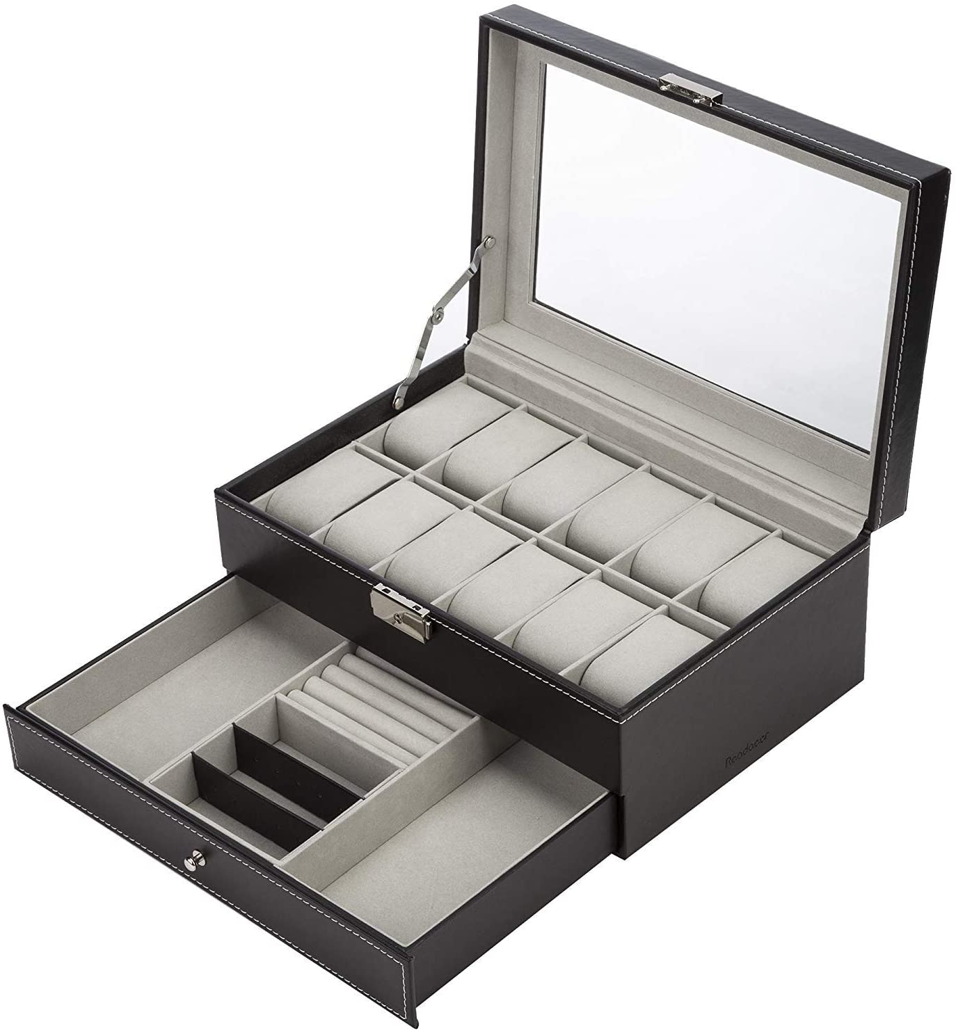 Black Leather Watch Box Jewelry Display Case with Drawers (12 Slots with 2 Layers) 5