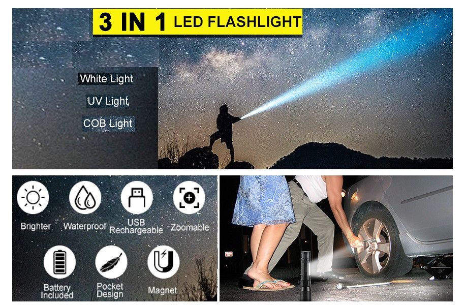 7 Modes Waterproof Rechargeable UV Light Flashlight Torch for Camping 8