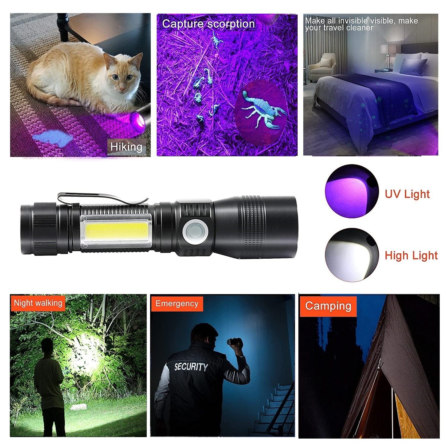 7 Modes Waterproof Rechargeable UV Light Flashlight Torch for Camping 4