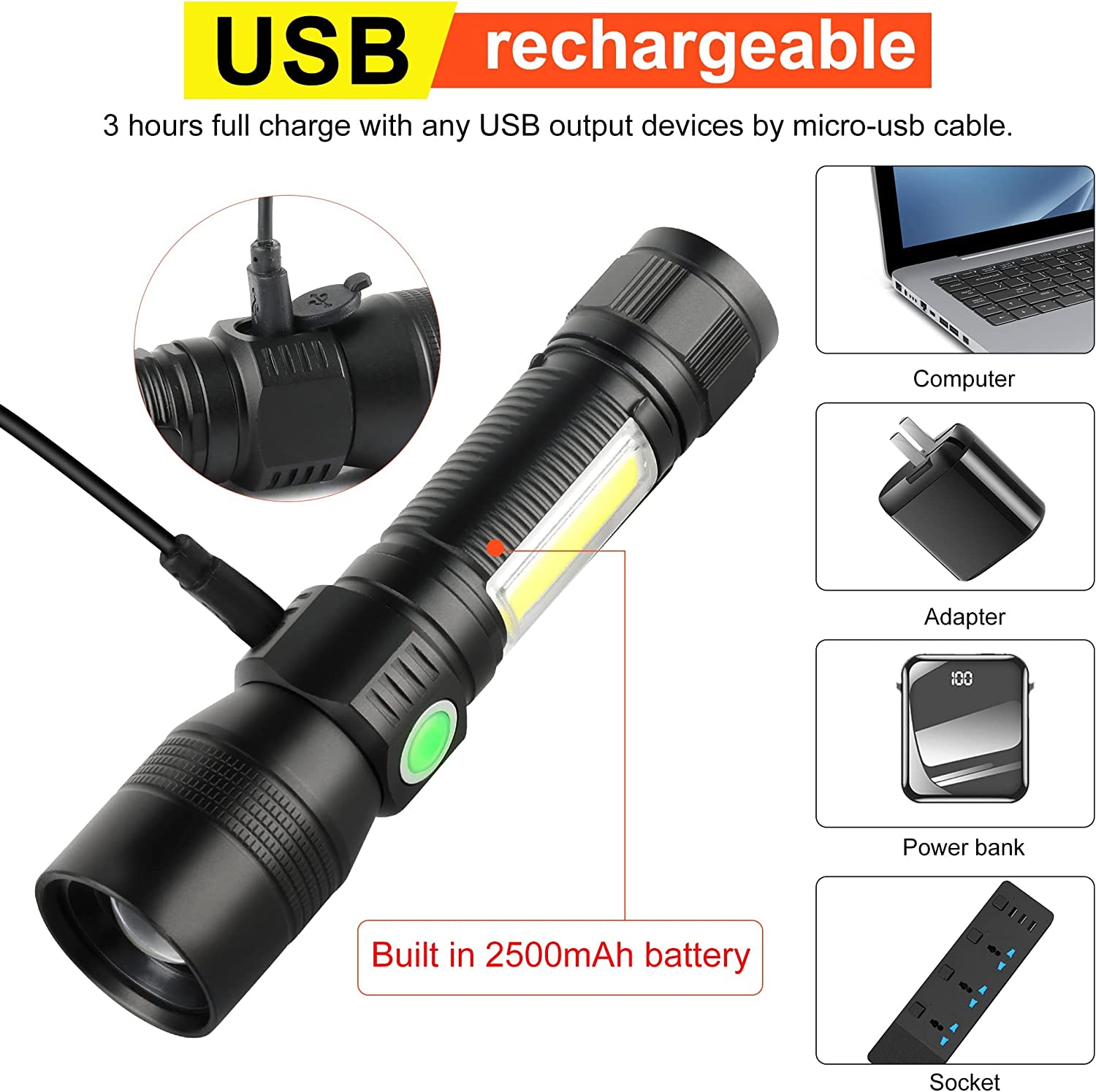 7 Modes Waterproof Rechargeable UV Light Flashlight Torch for Camping 7
