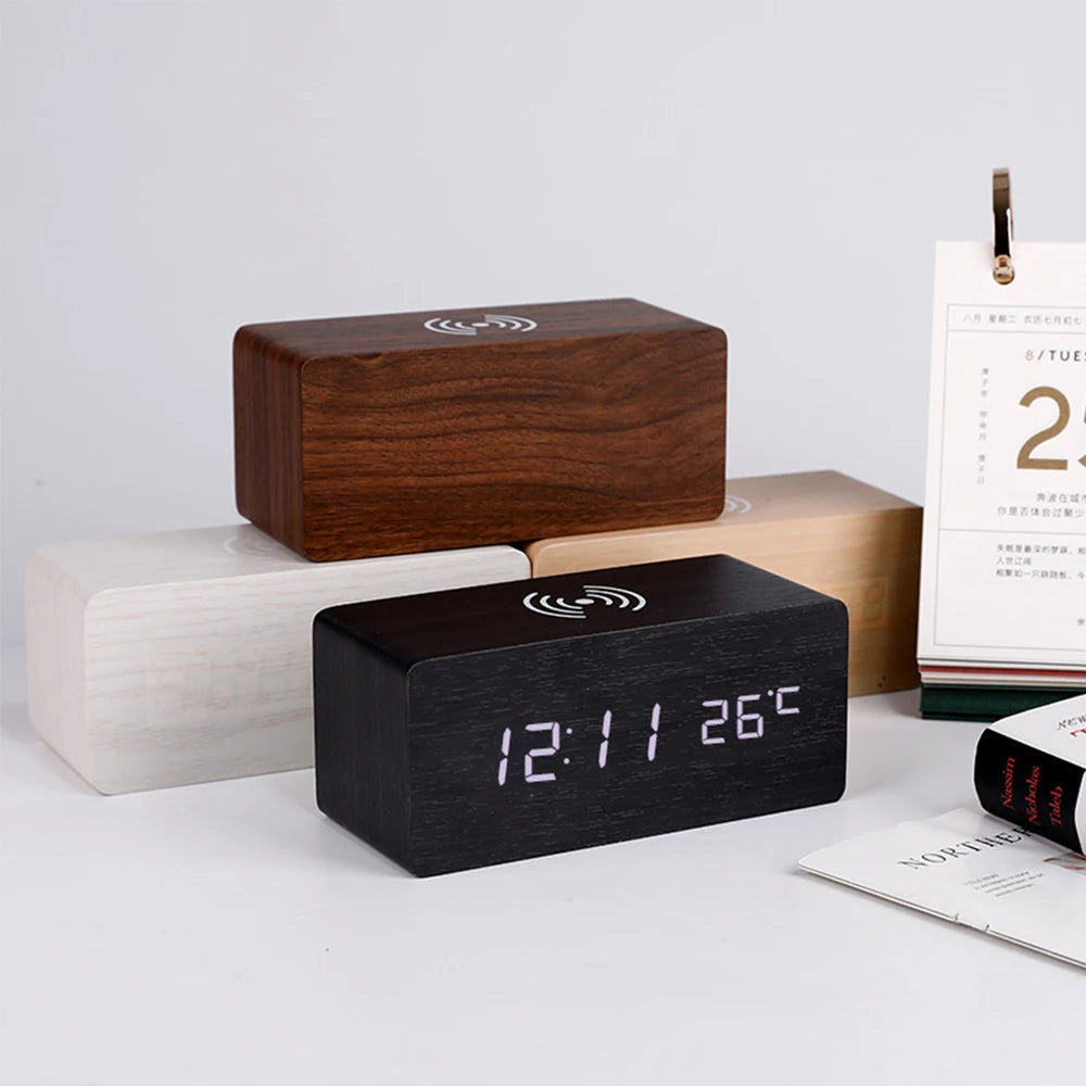 Modern Wooden LED Desk Clock with Qi Charger 3