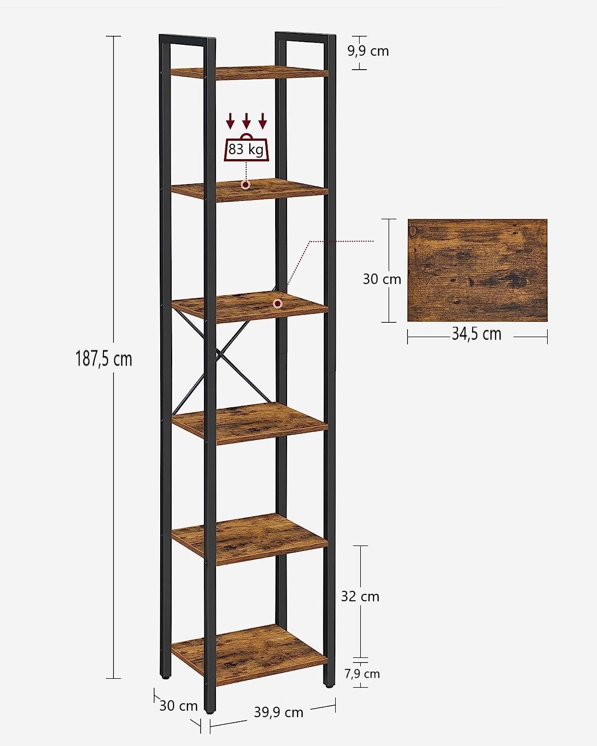 Small 6-Tier Industrial Bookshelf, Rustic Brown, Black 3