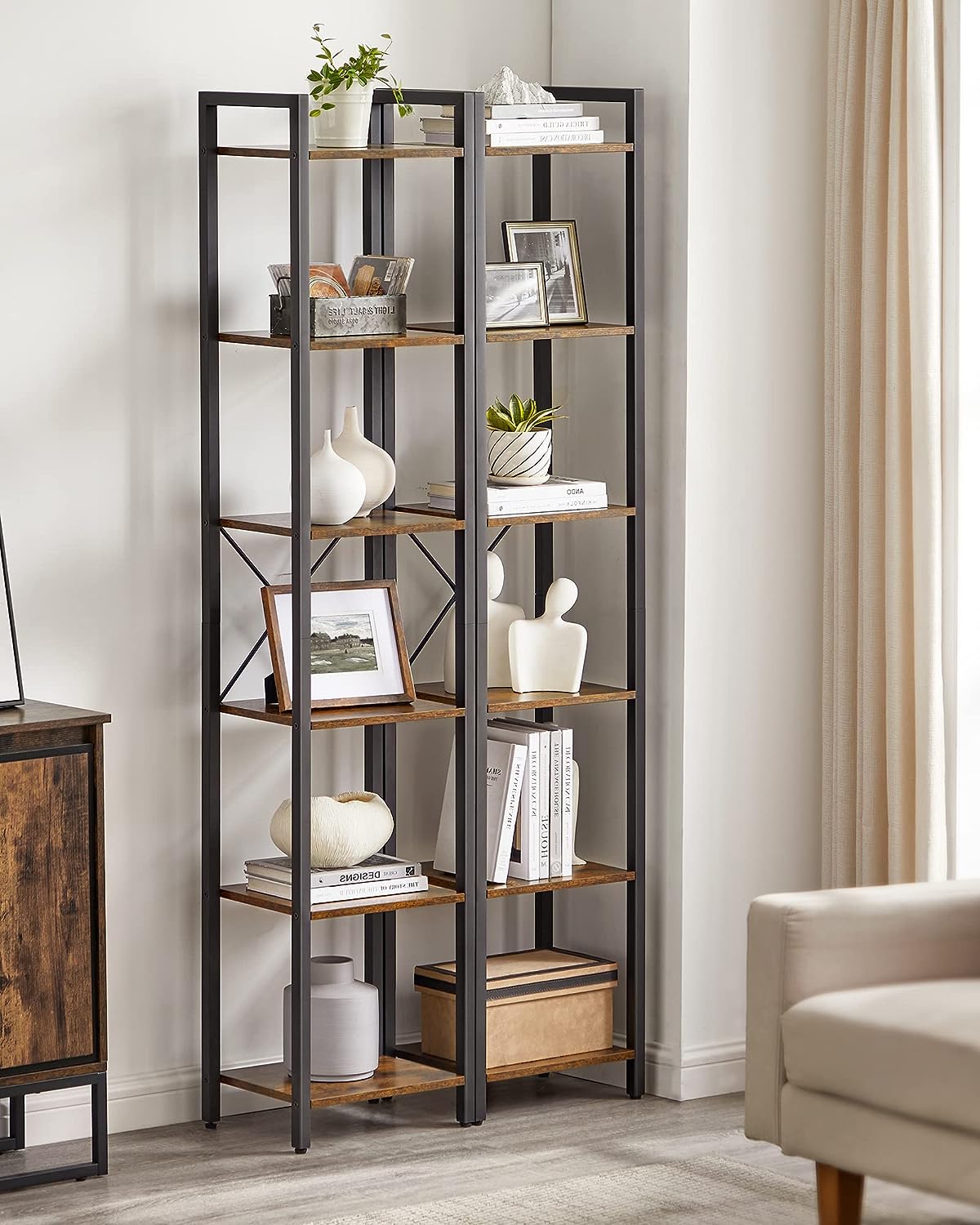 Small 6-Tier Industrial Bookshelf, Rustic Brown, Black 4