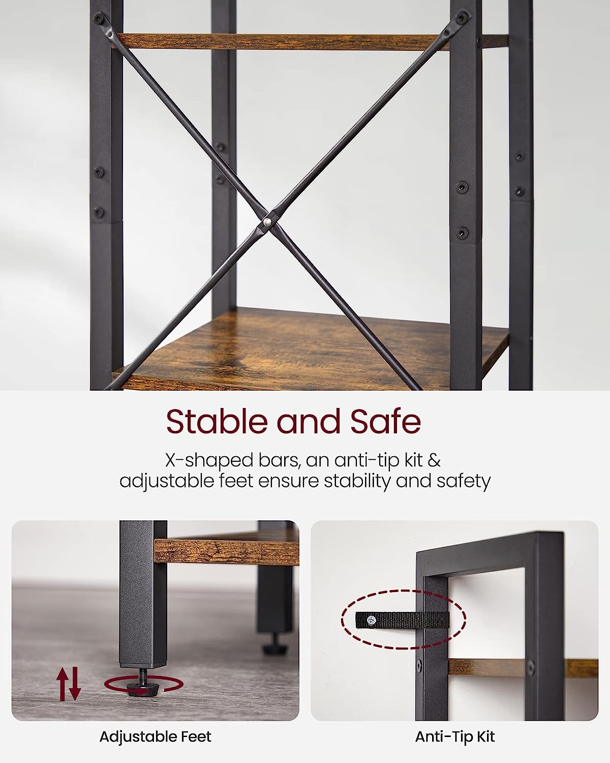 Small 6-Tier Industrial Bookshelf, Rustic Brown, Black 5