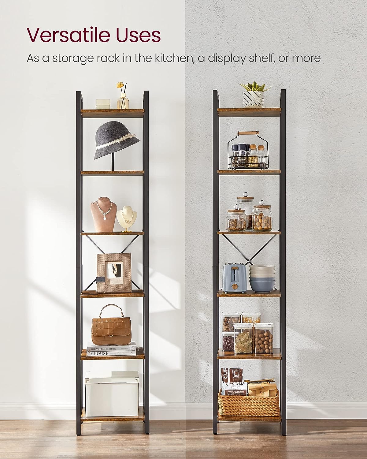 Small 6-Tier Industrial Bookshelf, Rustic Brown, Black 9