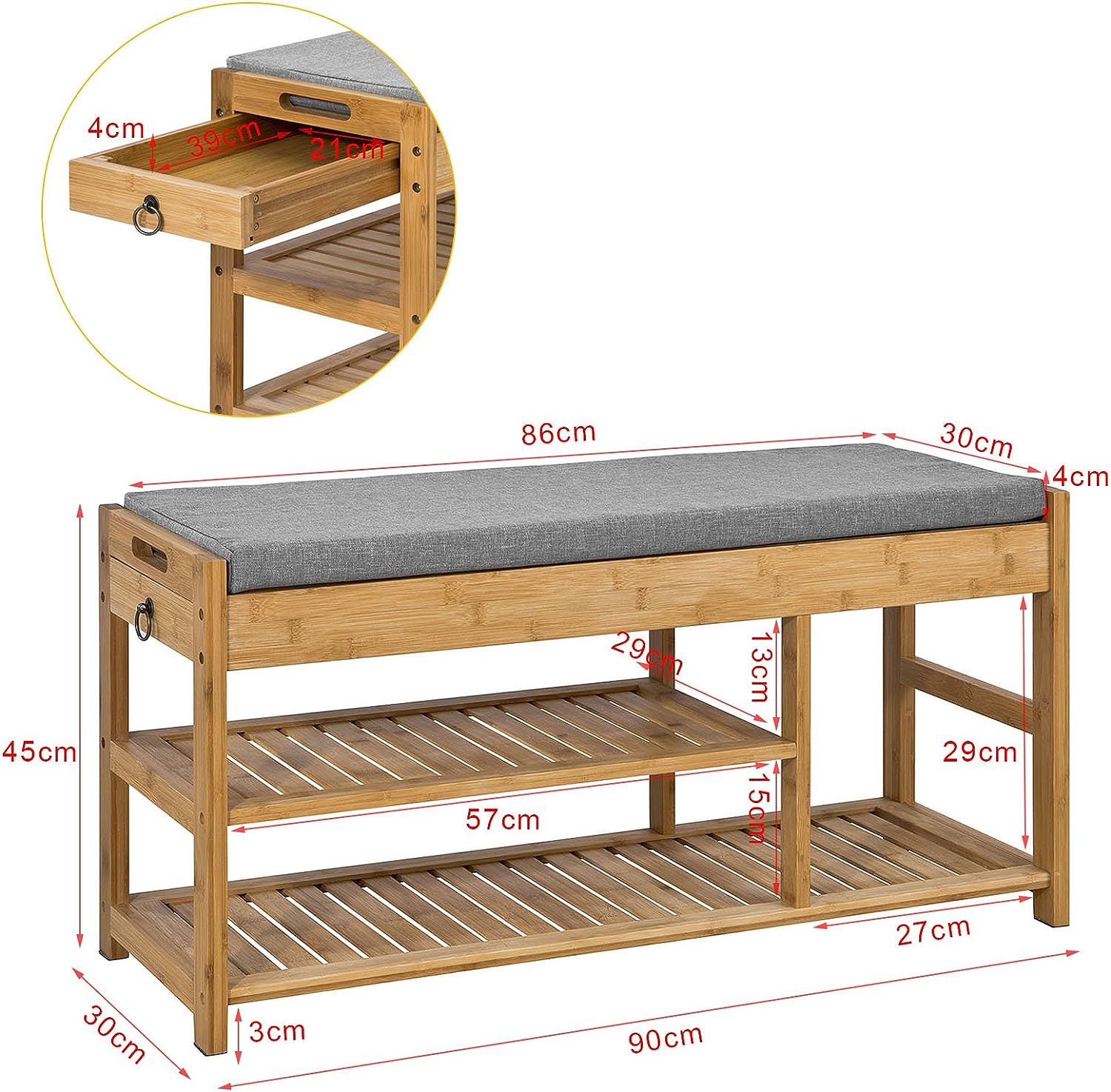 Bamboo Shoe Bench Drawers Lift Top 3