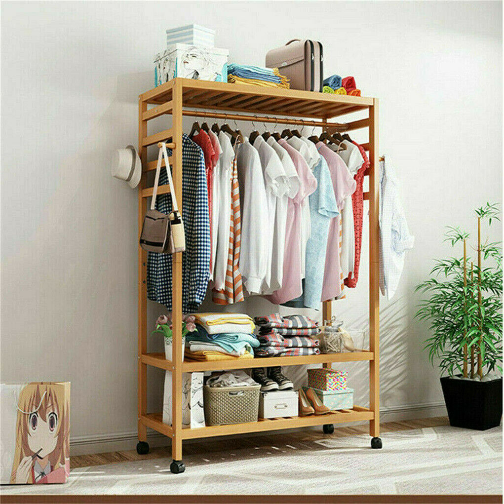 3-Tier Wooden Clothes Rack Rolling Garment Stand w/ Hooks 3