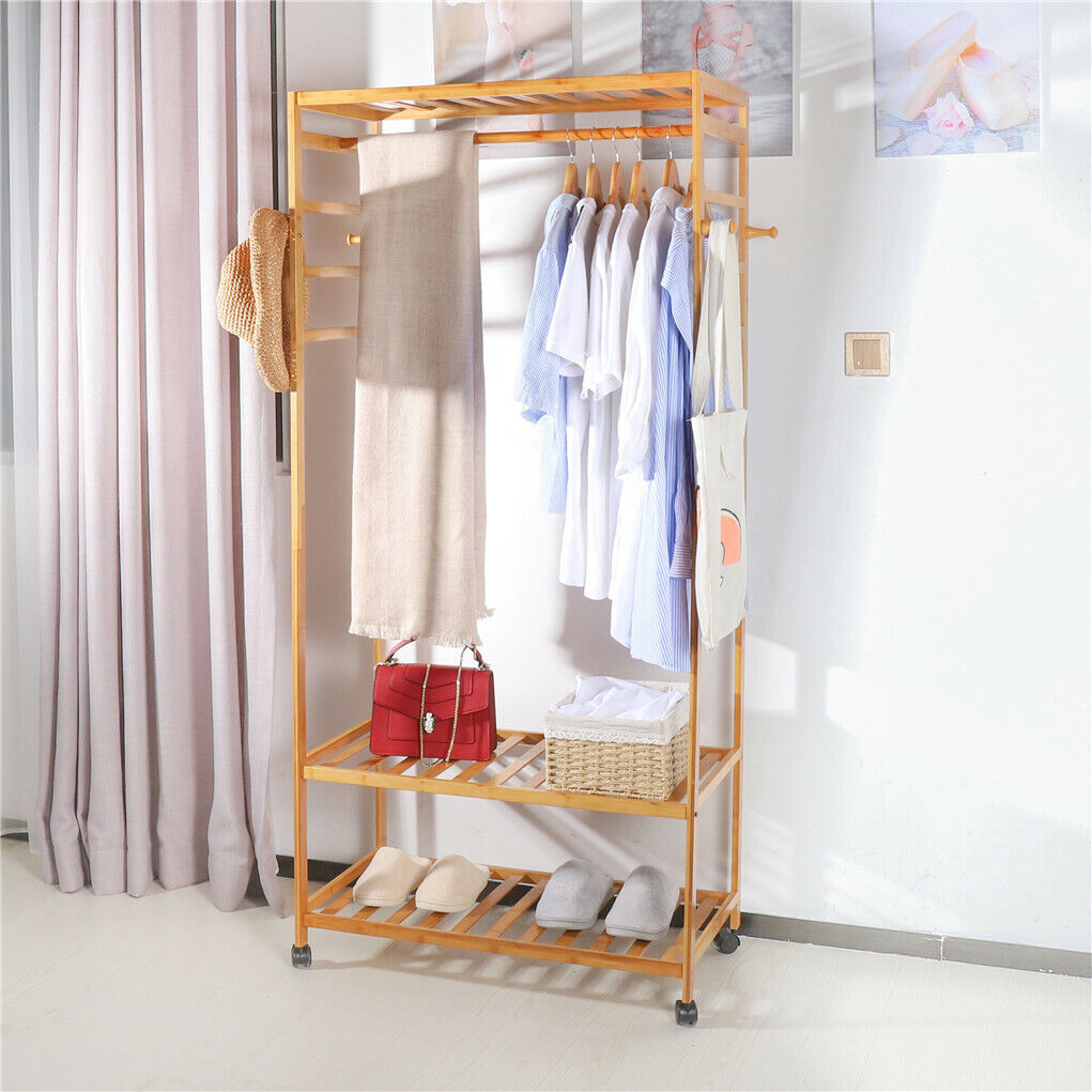 3-Tier Wooden Clothes Rack Rolling Garment Stand w/ Hooks 4