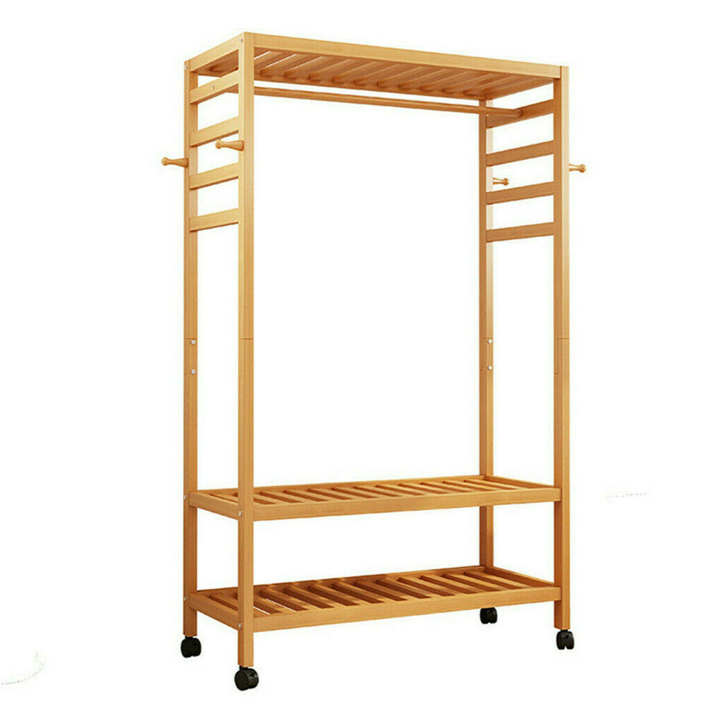3-Tier Wooden Clothes Rack Rolling Garment Stand w/ Hooks 5