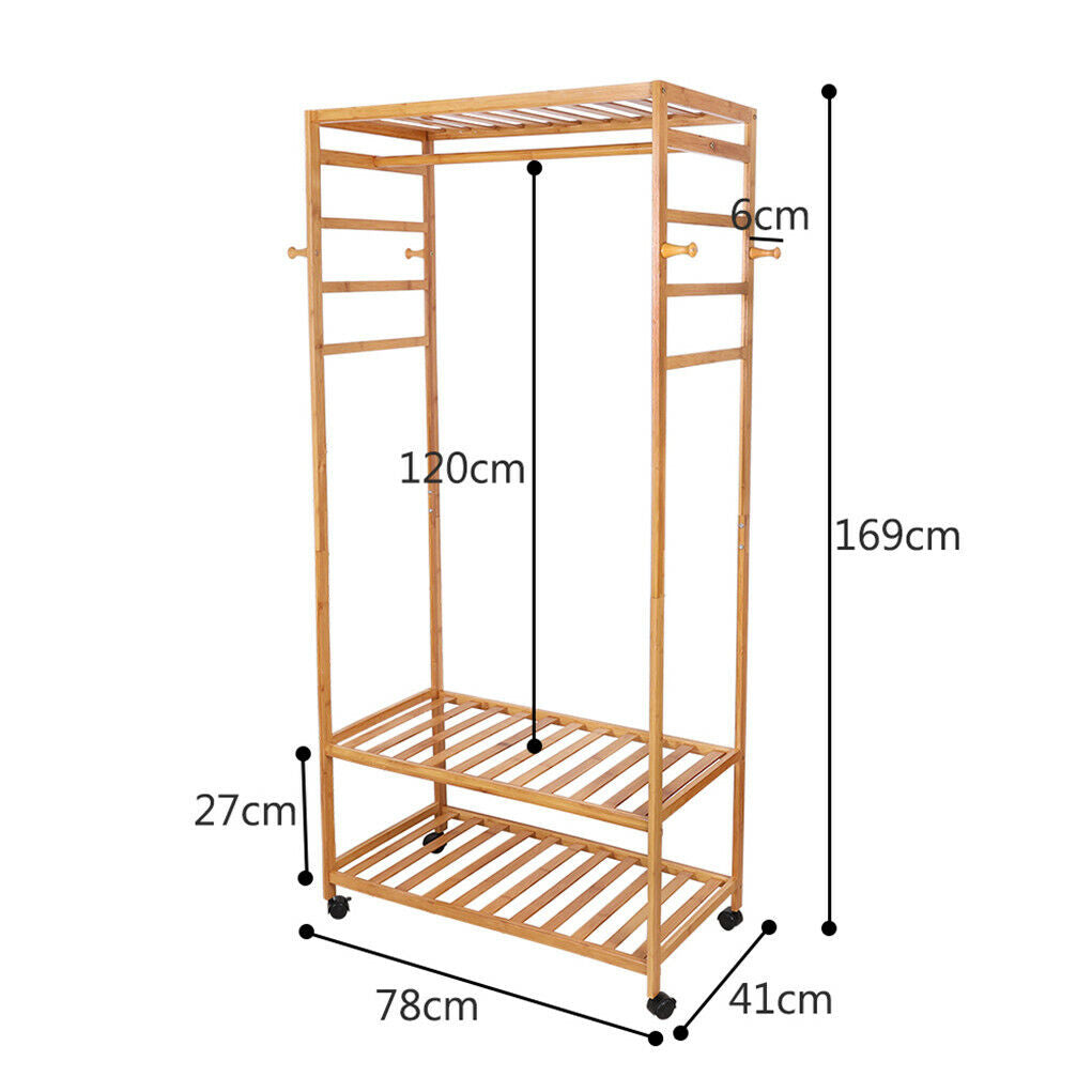 3-Tier Wooden Clothes Rack Rolling Garment Stand w/ Hooks 6