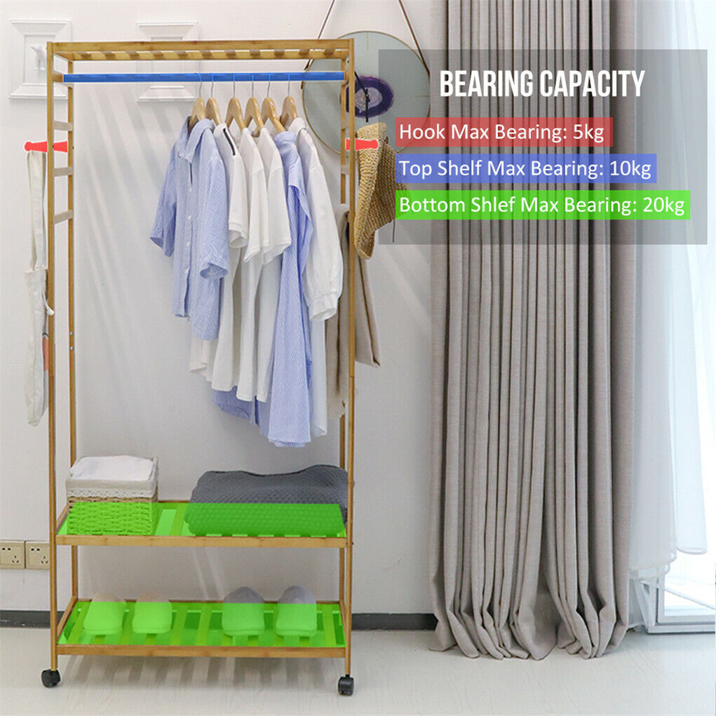 3-Tier Wooden Clothes Rack Rolling Garment Stand w/ Hooks 7