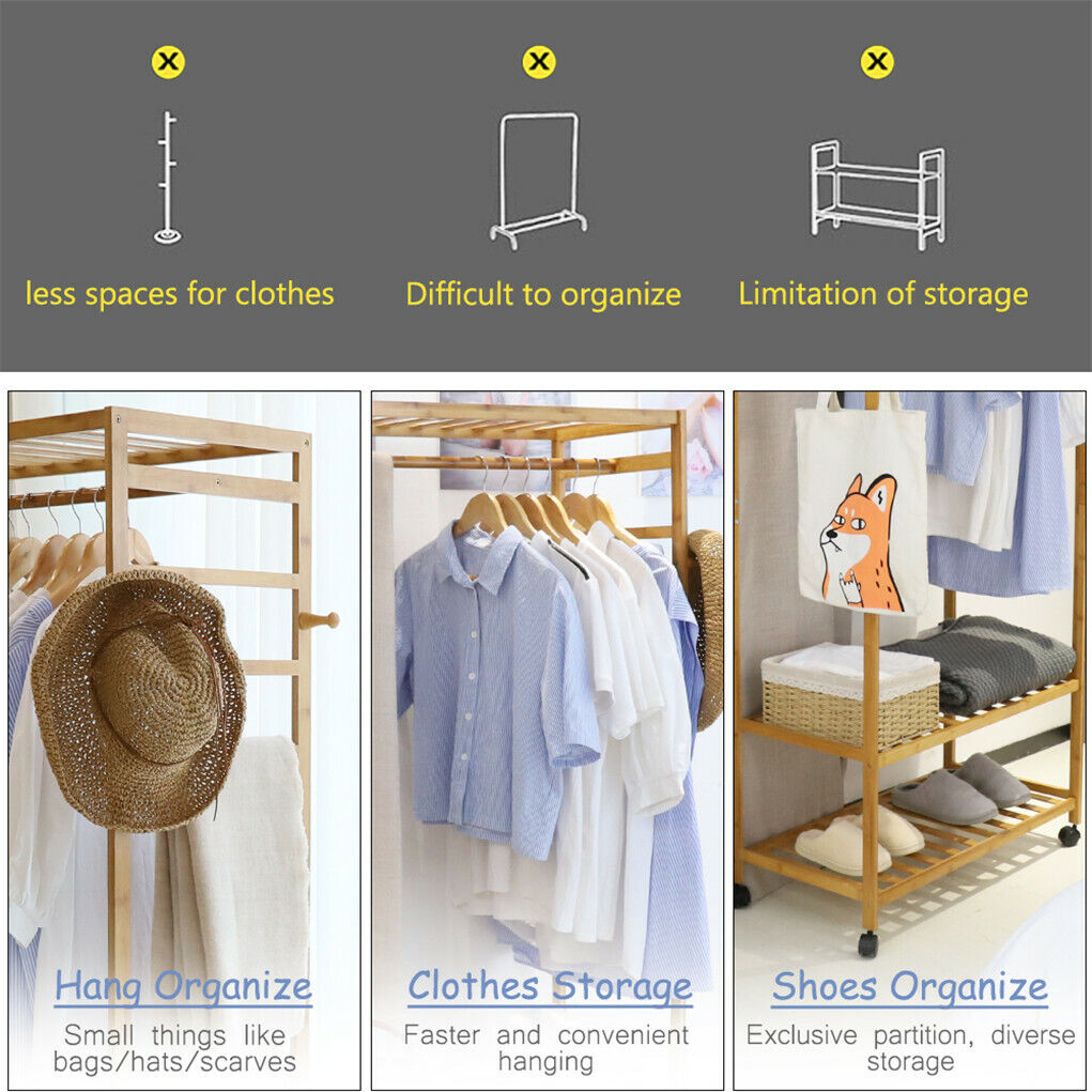3-Tier Wooden Clothes Rack Rolling Garment Stand w/ Hooks 8