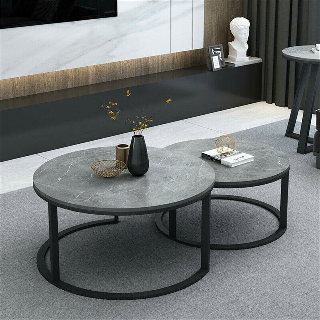 Set of 2 Grey Marble Nesting Coffee Tables 60/80cm 4