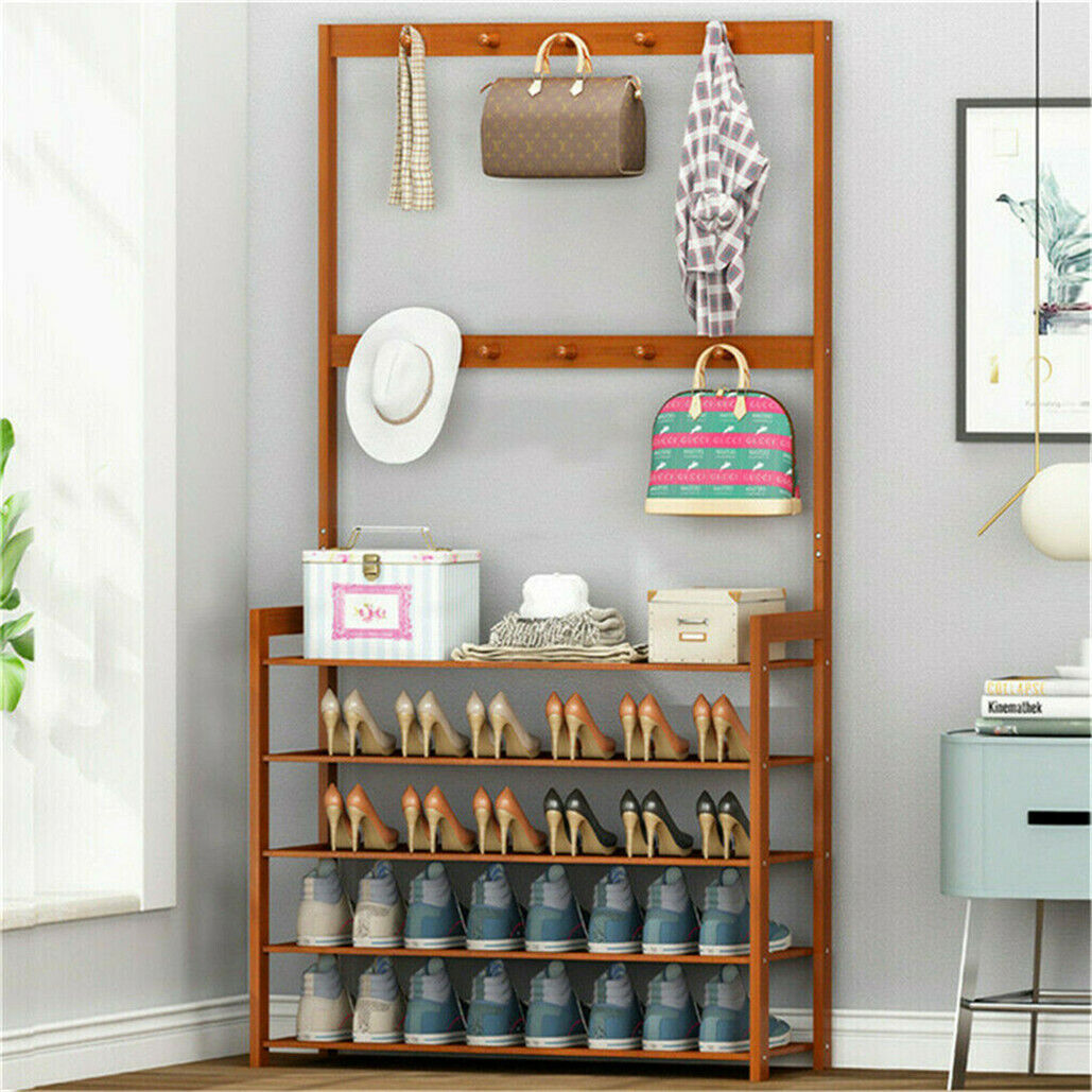 Bamboo 5-Tier Hat Coat Shoe Rack Entryway Bench Hanger Storage 4