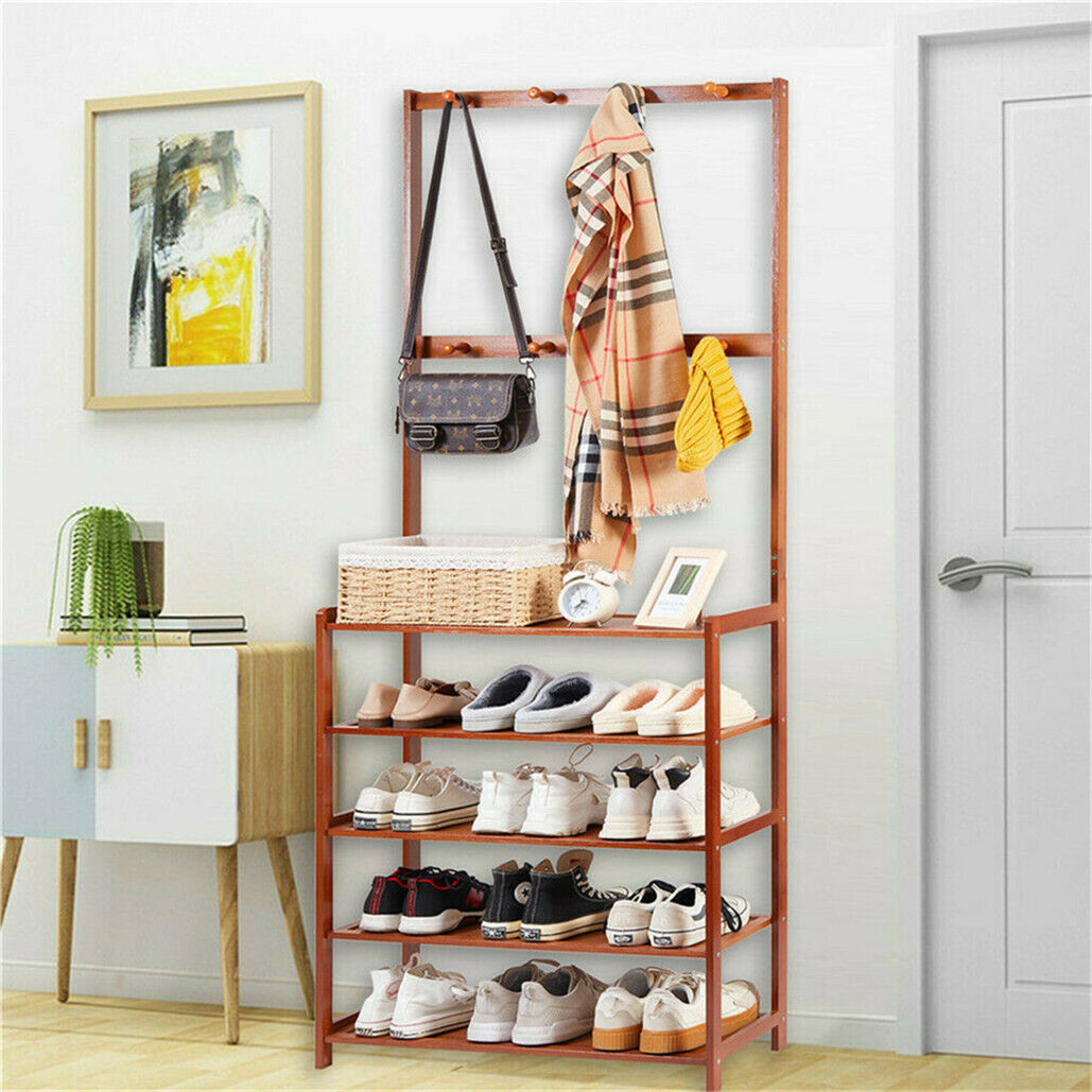 Bamboo 5-Tier Hat Coat Shoe Rack Entryway Bench Hanger Storage 5