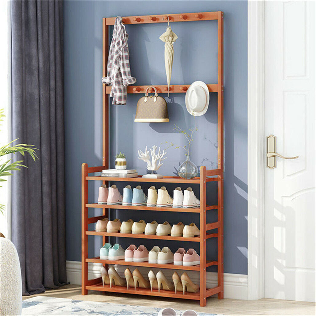 Bamboo 5-Tier Hat Coat Shoe Rack Entryway Bench Hanger Storage 6